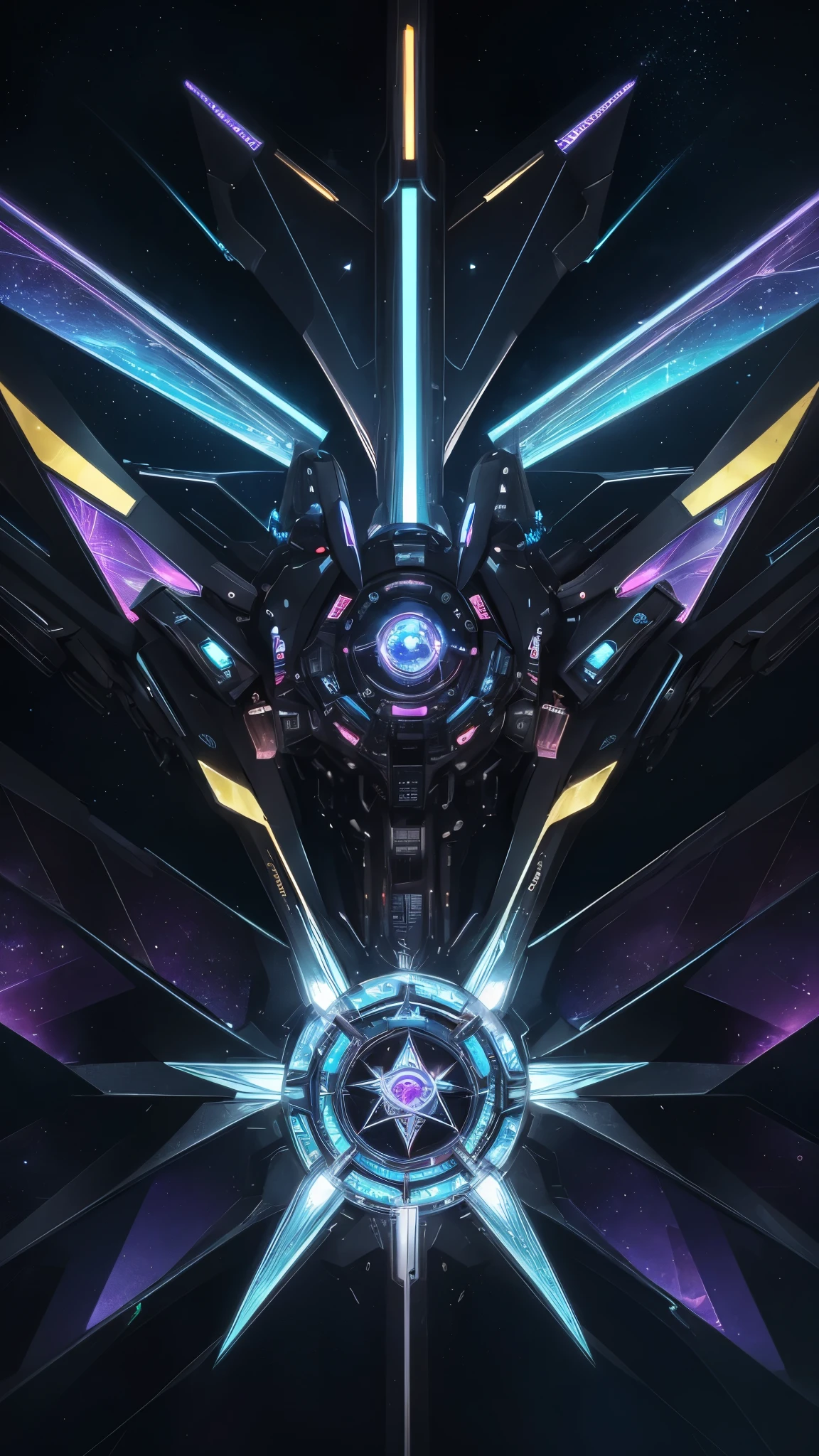 best quality, super fine, 16k, incredibly absurdres, extremely detailed, cool beautiful mecha, heptagram, iridescent neon light shooting into the sky from the top of seven-pointed star, kaleidoscope floating in the sky, beautiful, cool, cute, the moment of the birth of life, planetarium-like design artwork
