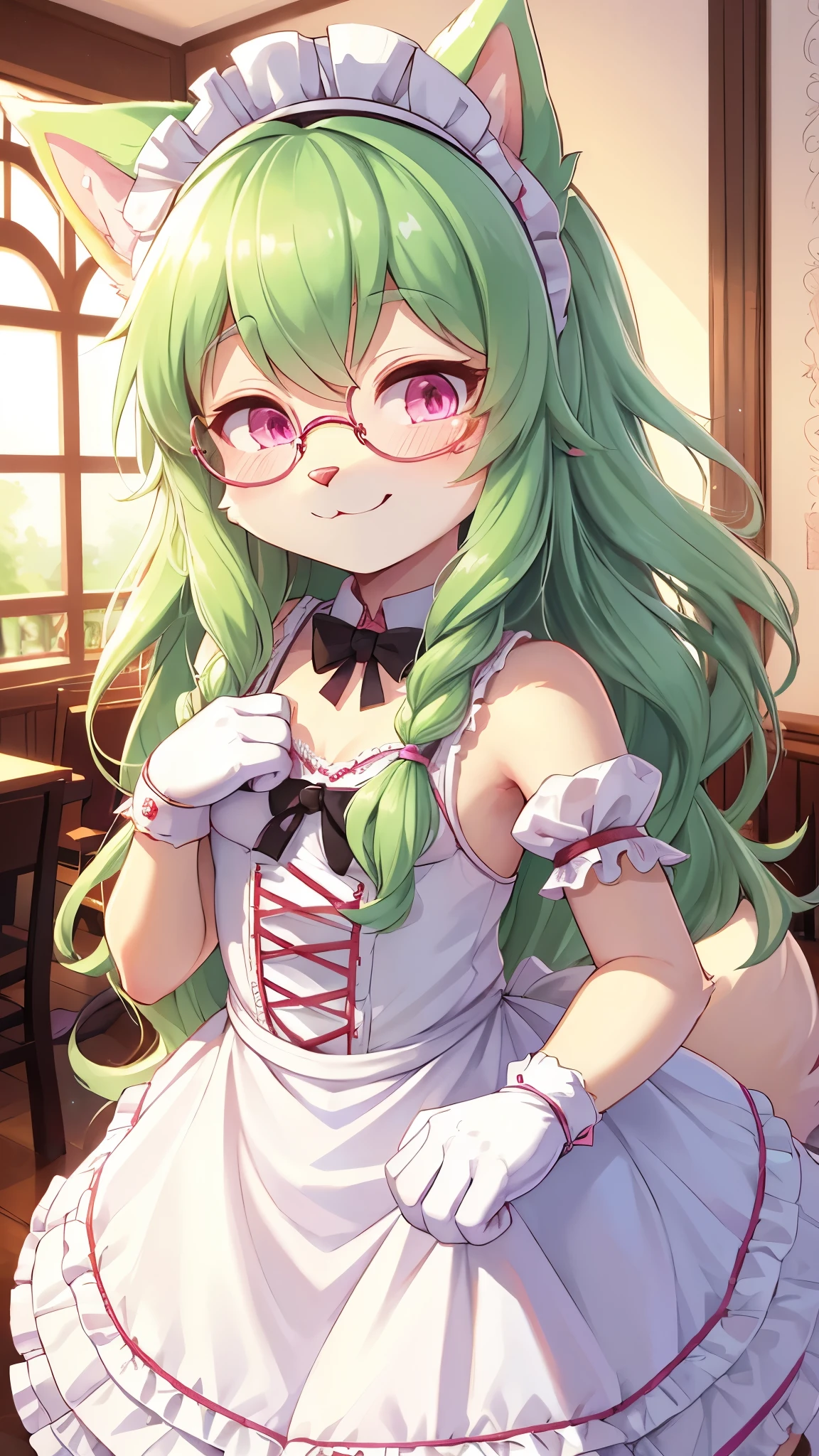 best quality,best resolution,(fluffy anthro furry :1.6),(young :1.6),cat girl,small breasts,light green hair,long hair,wavy hair,curvy hair,white fur,pink eyes,glistering eyes,sparkle eyes,huge circle glasses,maid outfit,maid headdress,maid gloves,ruffles,beautiful cafe,white ligth,looking at viewer,full face blush,sex desire face,horny eyes,smile,heart eyes,heart expression eyes,close eyes,close up face,face to face,two hands selfie