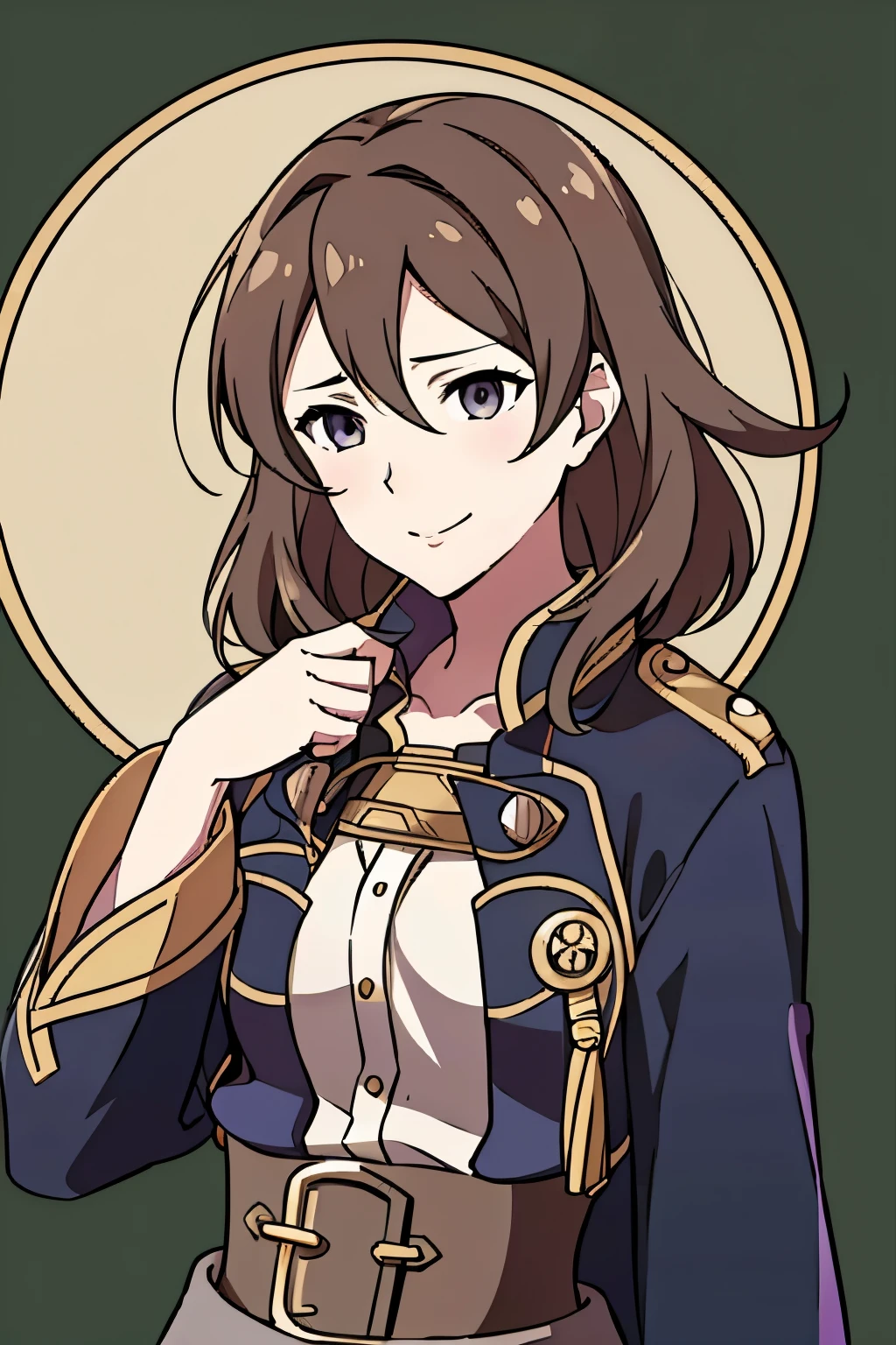 (high-quality, breathtaking),(expressive eyes, perfect face) 1girl, female, solo, portrait, Fire Emblem Awakening, Symmetrical Eyes, black background, Robin (Fire Emblem: Awakening), Brown hair color, short hair length, messy wavy hair, hair ornament, upper body, brown eyes, Black and purple cloak, gold trim, white shirt, brown belt, tomb, cute smile, detailed eyes, adorable face, short height
