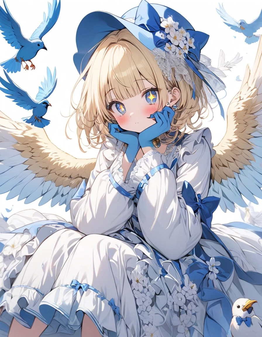 One girl, Blonde, White Background, Have, dress, Blue footwear, wing, Simple Background, sign, flower, Manicure, Wide sleeves, Long sleeve, blush, animal, white flower, alone, whole body, bird, View your viewers, High heels, Put your hand on your cheek, put your hand on your face, Frills, bow, bangs, ribbon, Bell, Blue hat, +_+, shoes下, short hair, Grey Eyes, shoes, Blue Claws, feathered wing, blue bow
