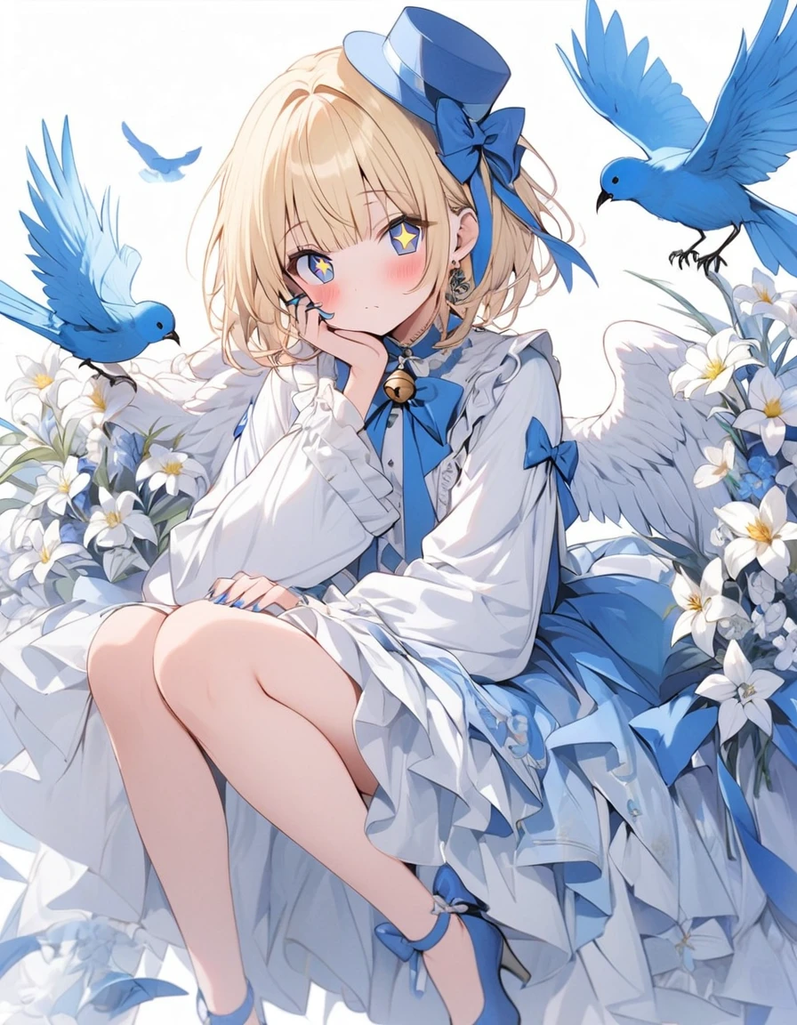 One girl, Blonde, White Background, Have, dress, Blue footwear, wing, Simple Background, sign, flower, Manicure, Wide sleeves, Long sleeve, blush, animal, white flower, alone, whole body, bird, View your viewers, High heels, Put your hand on your cheek, put your hand on your face, Frills, bow, bangs, ribbon, Bell, Blue hat, +_+, shoes下, short hair, Grey Eyes, shoes, Blue Claws, feathered wing, blue bow