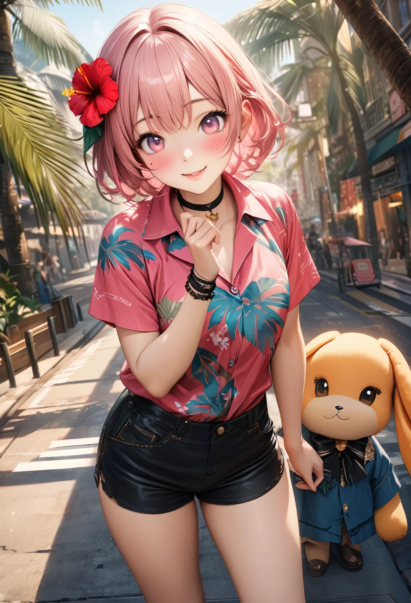 masterpiece, highest quality, Very detailed, High resolution, High resolution, High resolution, 4K, 8k, unity 8k wallpaper, Very detailed CG, masterpiece, Realistic, Beautiful details, depth, Fine texture, highest quality: 1.3, Total concentration, Perfect Skin, boyfriend, Very cute anime, Cute like an idol, 背のexpensiveピンクのセミロングヘア, One Girl, Aloha shirt and shorts, Cute stuffed rabbit, Palm tree, greeting, Hibiscus hair accessory, smile, Long pink hair, whole body, Mole under the eye, sight, expensive, blush, Lips parted, His Art, Pink Eyes, choker