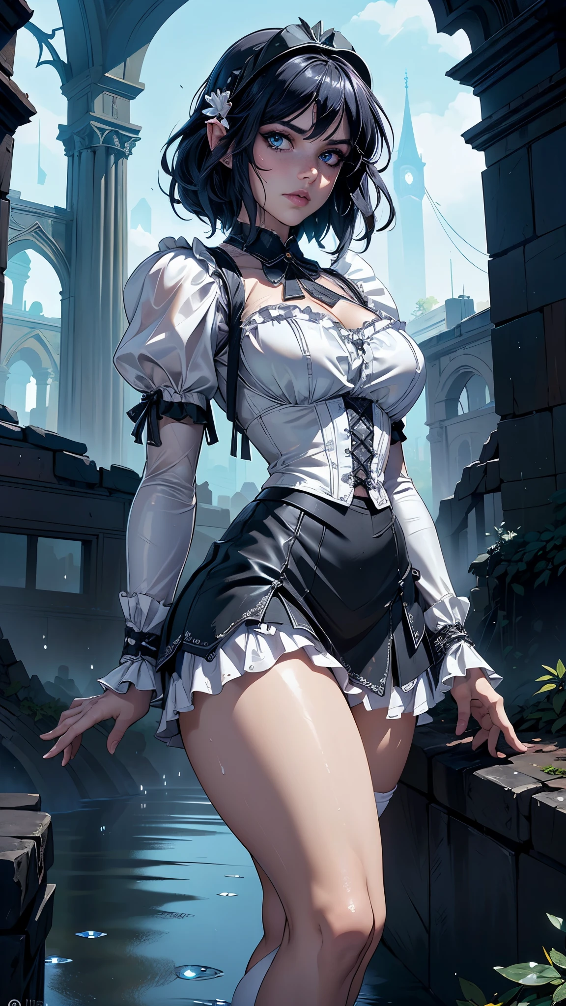 in the context of a fantastic cyberpunk city , (minifalda lolita blanca :1.4) ,(miniskirt white Lolita sexy :1.4),(cabello largo white canoso :1.4), ojos expresivos, cara perfecta, dynamic scene, dynamic light, alta calidad, pintura digital, golden ratio, premiado, profesional, Muy detallado, intrincado, volumetric lighting, gorgeous, Obra maestra, Sharp focus, profundidad de campo, Motor irreal, perfect composition, arte digital en pixiv, art station, 32K, hdr, ,(Fondo de ruinas de mazmorra en ruinas:1.4 ), More detailed 8K.motor irreal:1.4,HD,La mejor calidad:1.4, fotorrealista:1.4, textura de la piel:1.4, obra maestra:1.8,obra maestra, mejor calidad,objeto Objeto], (rasgos faciales detallados:1.3),(Las proporciones correctas),(Ojos hermosos azules),  (pose vaquero), (mostrando panties :1.4),( nublado cayendo lluvia :1.4), (gotas de agua:1.4 ), (Cinematic V2.1) 