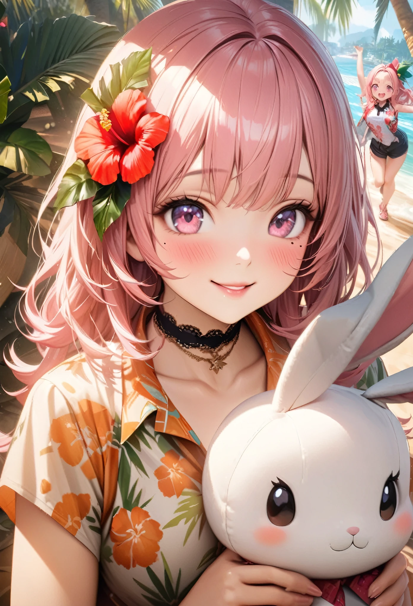 masterpiece, highest quality, Very detailed, High resolution, High resolution, High resolution, 4K, 8k, unity 8k wallpaper, Very detailed CG, masterpiece, Realistic, Beautiful details, depth, Fine texture, highest quality: 1.3, Total concentration, Perfect Skin, boyfriend, Very cute anime, Cute like an idol, 背のexpensiveピンクのセミロングヘア, One Girl, Aloha shirt and shorts, Cute stuffed rabbit, Palm tree, greeting, Hibiscus hair accessory, smile, Long pink hair, whole body, Mole under the eye, sight, expensive, blush, Lips parted, His Art, Pink Eyes, choker