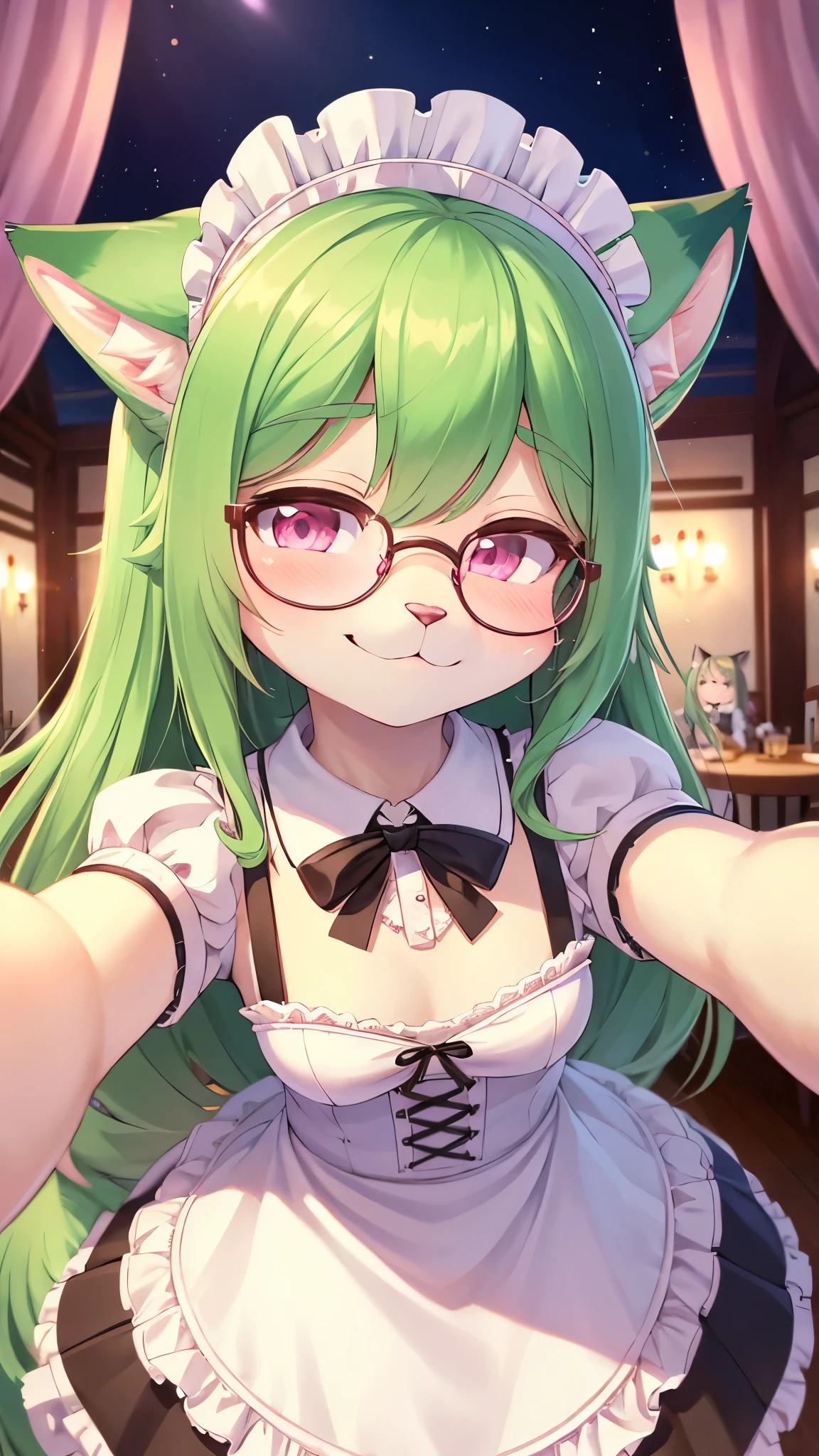 best quality,best resolution,(fluffy anthro furry :1.6),(young :1.6),mint fox girl,mint long hair,wavy hair,messy hair,mint fox ears,small breasts,glasses,naked apron,beautiful kitchen,romantic light,looking at viewer,playful face,begging smile,heart eyes,heart expression eyes,front view,close up,selfie,hands at viewer face