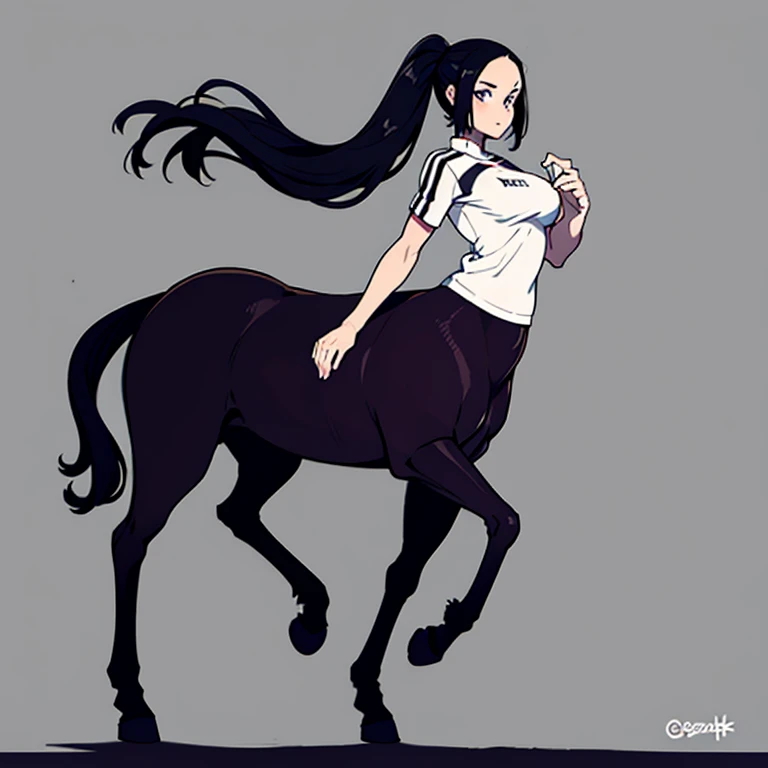 The Centaur Women. Their image color is white.、black、Tea wait. All of them are wearing sportswear with different patterns.. Their hairstyles expose their foreheads. They all have different hairstyles. All of them have female riders on their backs.. The female rider wears the same sportswear as the female centaur she is riding.. Everyone in the paddock looking towards the camera before the race starts