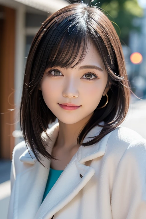 Tabletop, highest quality, profile, Very detailed, finely, High resolution, 8k wallpaper, Dynamic composition, Beautiful and detailed, Tokyo Trends冬ファッション,Tokyo Trends＆Random Cute Hairstyles, Small breasts, Natural color lip, Random Idol Pose,Cute Smile,20-year-old girl、Beautiful and elaborate face、Perfect and beautiful face,Big eyes、Wear a fluffy black outerwear with fur、Beautiful and elaborate face、Perfect and beautiful double eyelids、Blur the background、Perfect and beautiful face、Feminine poses、Blur the background、Slim face and figure、Blur the background、Facial Light、Bright lighting、Professional Lighting、Forward lighting、A kind smile、Model pose、
