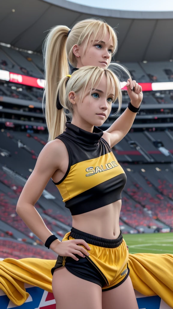 beautiful girl runner, 16 years old, Prepare to practice running, Lean over to tie your shoelaces..........................., Blond hair, Ponytail, bangs, Smile a little..........................., Wear glasses, ((Wear a sleeveless sports bar..........................., turtleneck, black and yellow shorts, (underboob))), The abdomen has sexy lines..........................., yellow running shoes, in the stadium stands, anime, high-res