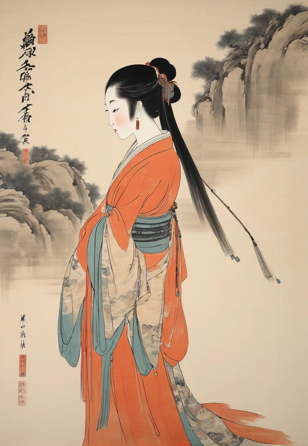 skirt, Solitary,Antiquities,Chinese,1 Slim girl (Or slim) Tang and Song Dynasty Figures,Beautiful posture,Exquisite clothing,Calm expression,Cultural richness,Timeless charm,Black Hair,Hair accessories,Women in Chinese Painting,Women&#39;s illustration，( breast: 1.4)，Butterfly