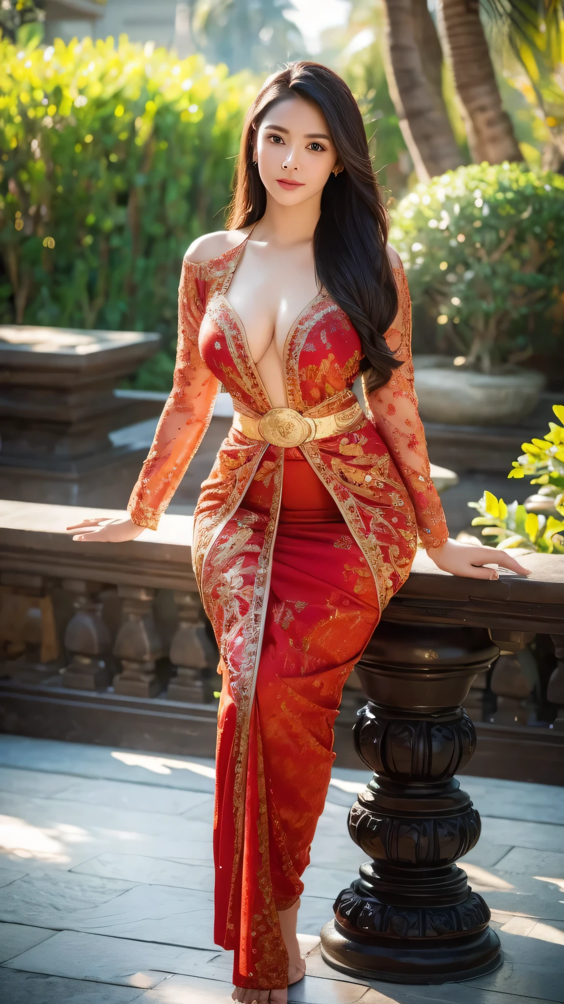 masterpiece, ultra realistic,32k,intricate details, sharp focus, realistic, closed, seductive pose, black eyes, jewelr, lips, realistic, looking_at_viewer, irene1, wet skin, shiny skin, long sleeves, indonesian clothes, bali, balinese, cityscape, dynamic pose, red kebaya,full body,busty body,curvy body,long hair,beauty face,cowboy shot