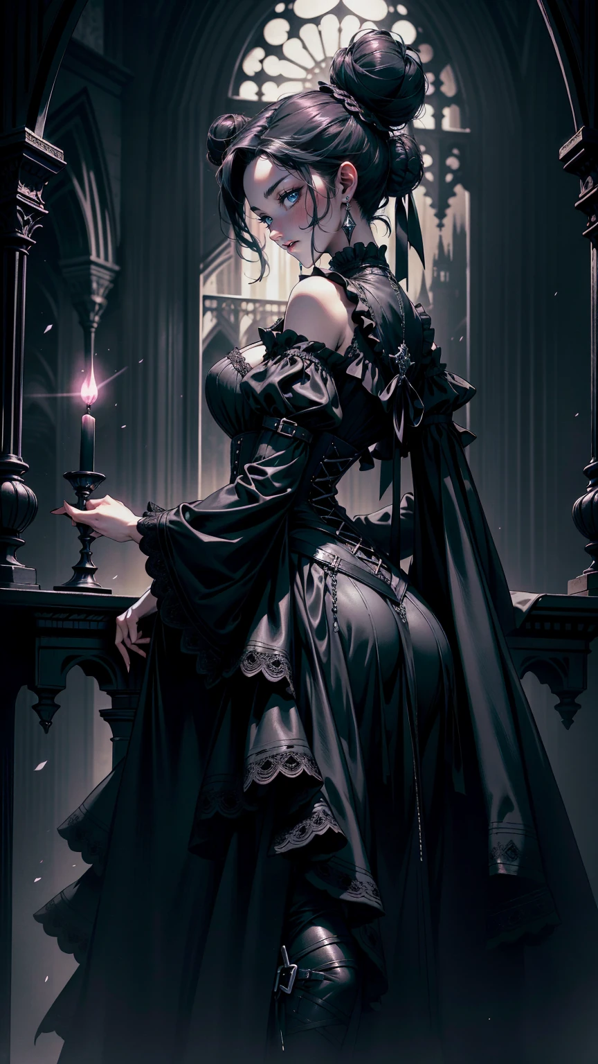 (masterpiece, top quality, best quality, official art, beautiful and aesthetic: 1.2), (1 woman: 1.3), 40 years old, long curly dark brown hair, ((fancy bun)), Victorian style, Victorian classic, extremely detailed, portrait, looking at the viewer, solo, (full body: 0.6), detailed background, close-up, mischievous eyes, (cold midnight castle theme: 1.1), vampire, long fangs, blood on chin, huge lips, charlatan, mischievous smile, mysterious, being seductive on the balcony, revealing gothic dress, extremely tight bodice, black costume, magenta skirts, off-the-shoulder, long sleeves, loose sleeves, black leather , cape, corset, black dress, fishnets, black high boots, buckles, straps, bags, glowing blood magic energy, dark magenta fabric, silver trim, black leather, extremely slim, slim waist, slim hips, medieval background (gothic castle exterior: 1.1), nocturnal, dark and mysterious lighting, shadows, magical atmosphere, Dancing lightly, with chin resting on shoulder, abigail larson art style.  Very sexy, with chin resting on shoulder, abigail larson art style, upper body, backwards, looking back