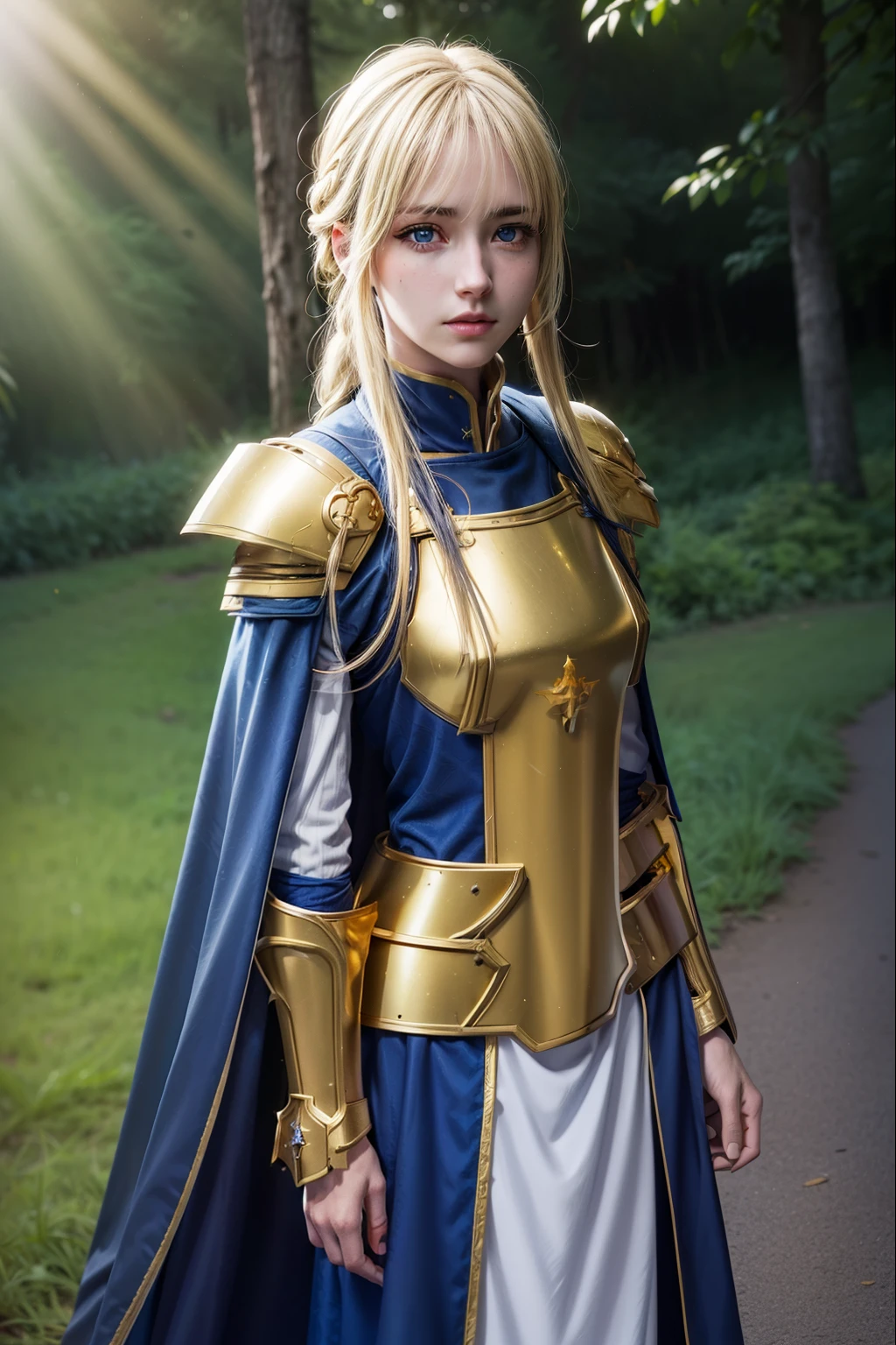 Arisburg, Alice Zuberg, bangs, blue eyes, Blonde, Hair between the eyes, Very long hair, Braiding, hair band, white hair band,
break dress, Cape, armor, Blue clothes, shoulder armor, Gauntlet, Shoulder rest, breastplate, armored dress, mistake, blue Cape, knight, (gold armor:1.5), body armor,A golden sword is stuck in the ground,Right hand resting on hip,
break outside, forest, nature, sun, null,
break looking at viewer, (Cowboy Shot:1.5),
break (masterpiece:1.2), highest quality, High resolution, unity 8k wallpaper, (shape:0.8), (Fine and beautiful eyes:1.6), Highly detailed face, Perfect lighting, Highly detailed CG, (Perfect hands, Perfect Anatomy),