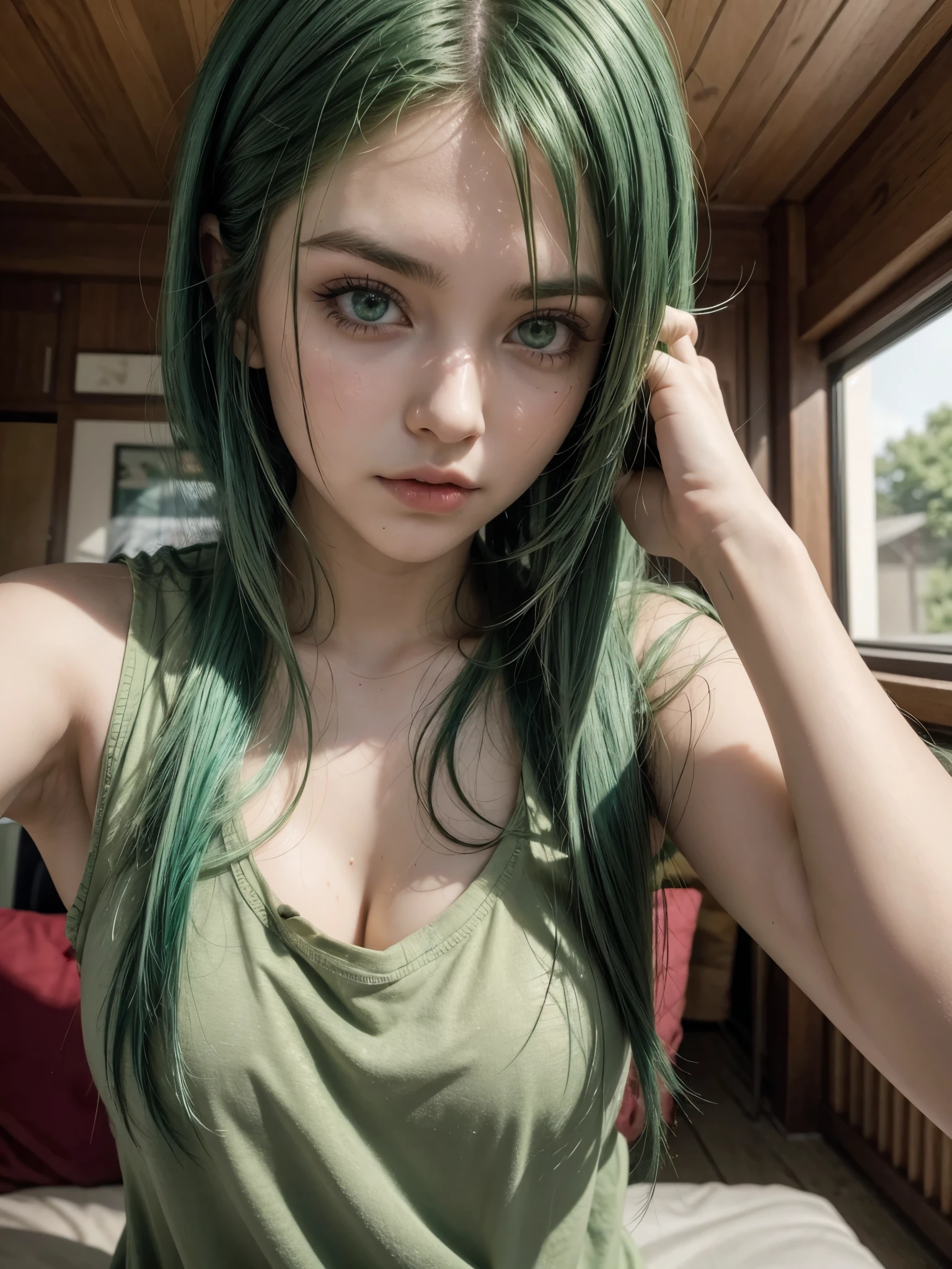 (10 years old) ,girl、(Bunny ears headband)。(Random Nudes)，Exhibitionism，((Random exposure of genitals))。　Beautiful areola。Small breasts. Thin Hair。(On top of a snowy mountain). Detailed and complex background。((Bright green hair))。(Round face). ((Long Straight Hair)). Cute smile. Idol&#39;s face. Smooth Hair. Thin Hair. White skin. Cute pose with legs apart. 