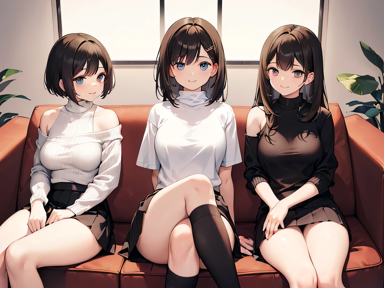 (Masterpiece, top quality, high resolution, realistic photo, realistic looking skin:1.1),
(Three women are sitting on a couch in a company break room:1.5),
(They have smiling faces:1.5),
(The first is 24 years old, wearing an off-the-shoulder knit, mini skirt, pumps and short black hair:1.5),
(The second is 23 years old, wearing a short-sleeved turtleneck knit, mini skirt, pumps, and long brown hair: 1.5),
(The third is 22 years old, wearing a short-sleeved v-neck knit, mini skirt, pumps, and has medium black hair:1.5),
(Located on a couch in a break room at work:1.5),
Full-bodied Esbian, beautiful eyes, glowing eyes, glowing thighs, NSFW