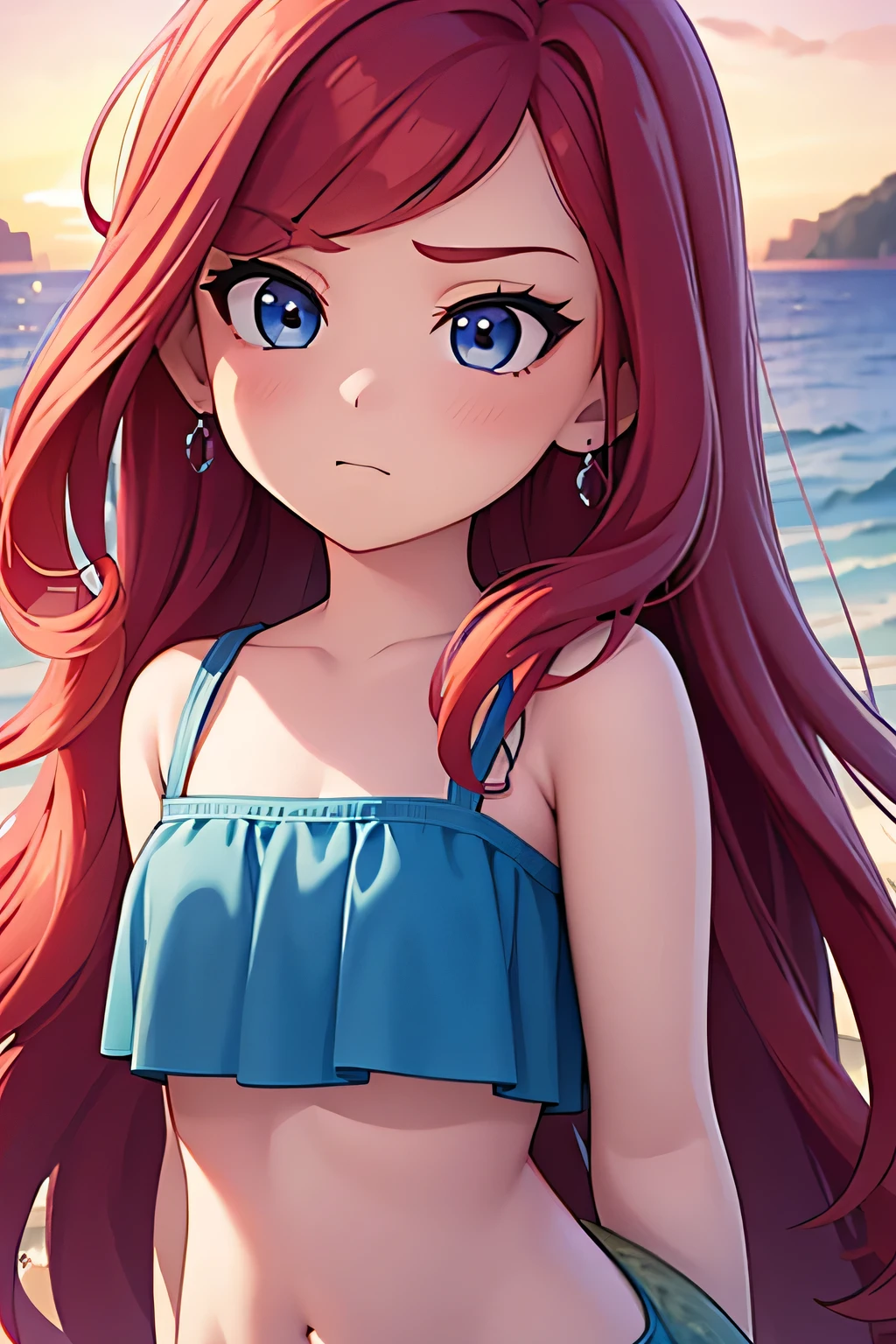 ruby 1 girl, Teenage, Long Red hair, Medium Hair, Blue eyes, bare shoulders, medium breast, aqua ruffle crop top, mermaidtail, mermaid, on the beach, over the sea, beautiful purple sunset at beach Sexy, masterpiece, High quality. 2D illustration, 2D flat, Masterpiece, close up, 8K, HDR, portrait, 