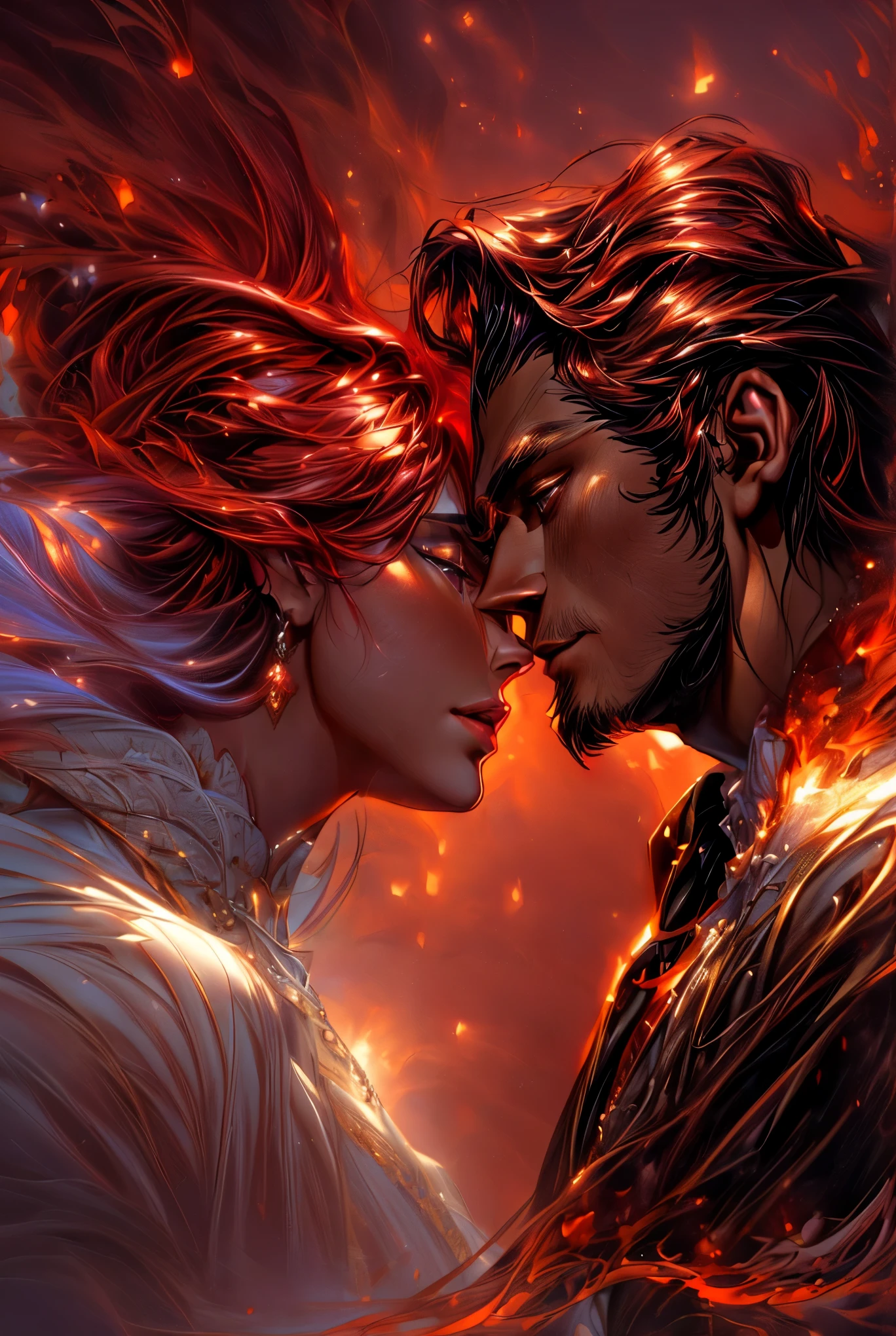 Araffed image of a man and woman in a fiery scene, romantic fantasy film, beautiful digital images, Highly detailed 4K digital art, Detailed digital art 4k, romance novel cover, amazing digital painting, Mikhail Evstafiev, gorgeous digital painting, stunning digital illustration, Vladimir Novak, elegant digital painting, author Zlatyu Boyadzhiev