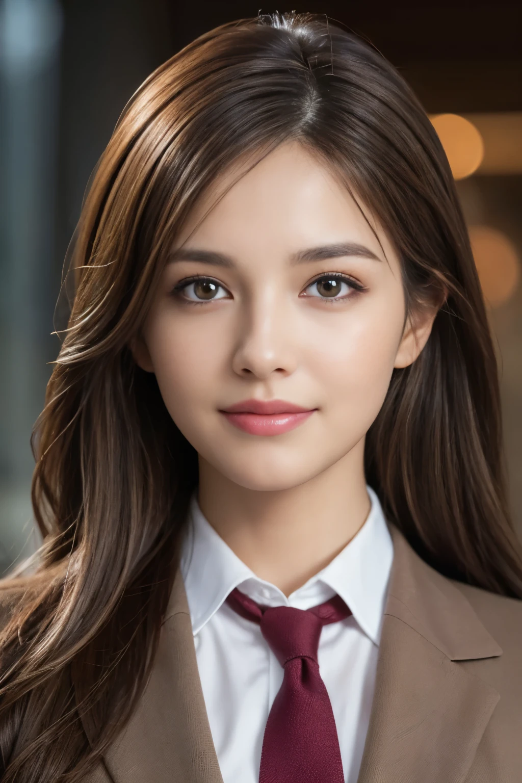 Tabletop, highest quality, Realistic, Very detailed, finely, High resolution, 8k wallpaper, One beautiful woman, Light brown messy hair, Wear a business suit, Facing forward, Sharp focus, Perfect dynamic composition, Beautiful and detailed, Thinning hair, Detailed Realistic skin texture, smile, Close-up portrait, Model Body Type