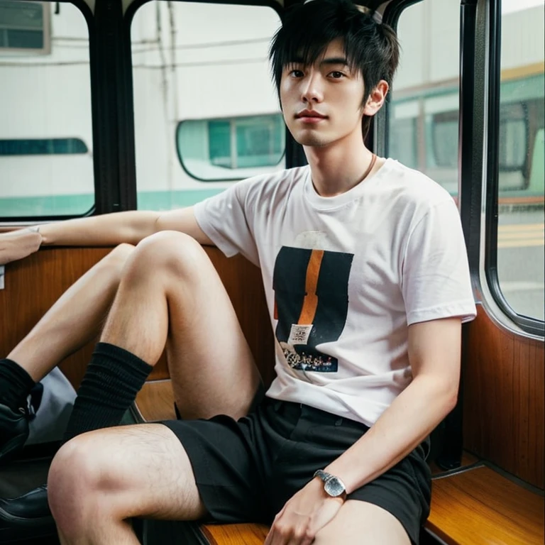 hairy legs, two block, long legs, Male, 27 years old, Thin beard, Japanese, wearing shorts, wearing a t-shirt, very short hair, black hair, Riding a bus, sitting on the seat, 