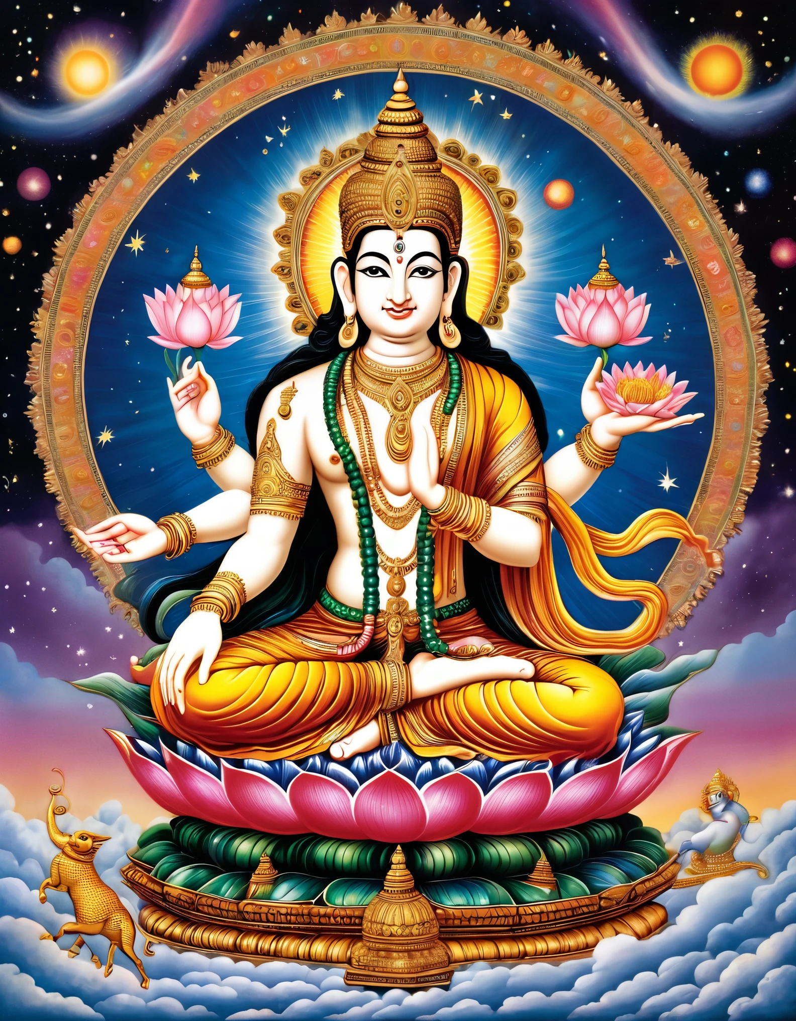 Picture Lord Vishnu seated on a celestial chariot, carved from clouds and stardust, with the seven colors of the rainbow arching gracefully behind him. Instead of his traditional form, Vishnu manifests as a cosmic wanderer, his body adorned with constellations and galaxies swirling in intricate patterns. Each of his four arms holds a different symbol of cosmic balance and harmony: a spinning galaxy representing creation, a golden scale symbolizing justice, a lotus flower signifying purity, and a shimmering crystal embodying enlightenment. Around him, celestial beings dance in orbits of celestial bodies, paying homage to the cosmic dance of creation and destruction. As Vishnu gazes into the depths of the universe, his eyes reflect the infinite wisdom and compassion of the cosmos, offering guidance and solace to all sentient beings."