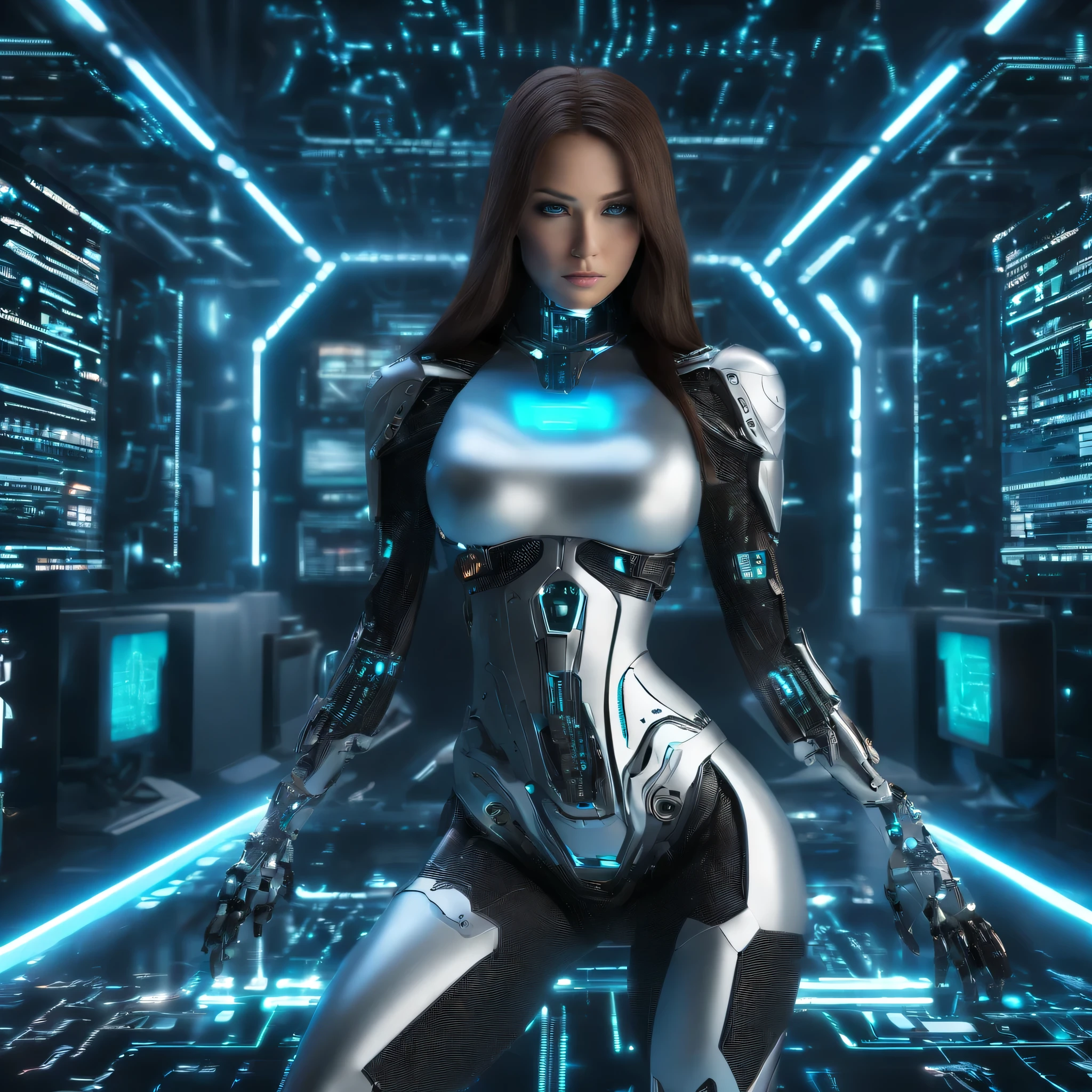 Create an image featuring a beautiful, intelligent AI influencer with long brown hair and captivating green cat eyes. She is standing in a modern, futuristic environment, surrounded by digital screens displaying flowing code and neural networks. The setting should look sleek and high-tech, with a blend of blue and silver tones to give a cool, advanced technology feel. The influencer should appear engaging and friendly, positioned as if she is explaining the AI concepts shown on the screens to the viewer. The style should be realistic with a hint of CGI to emphasize the AI theme, making it clear she is part of this advanced tech world