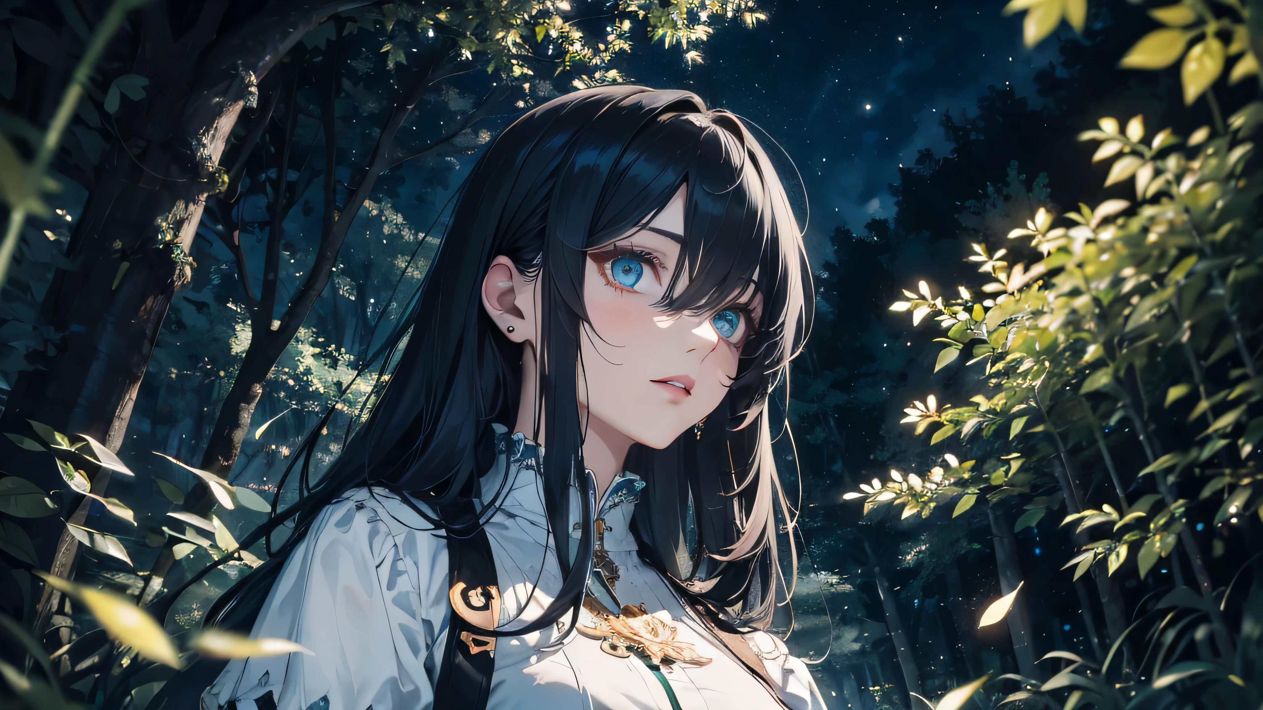 (absurdres, highres, ultra detailed), masterpiece, best quality, a girl in white noble outfit, beautiful, finely eye, detailed face, black long hair, vibrant blue eye, night forest, dark background, from below, look down, cowboy shot, full of green glowing fireflies.