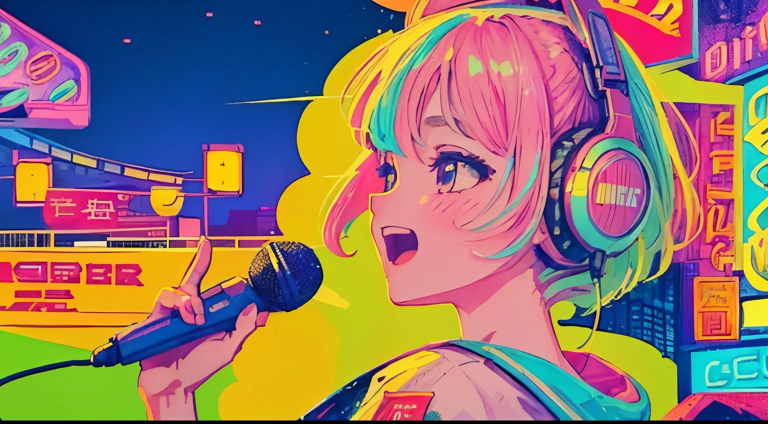 highest quality, 4k wallpaper, masterpiece, Very detailed CG ユニティ 8k 壁紙, Very fine grain, Very detailed, Intricate details, One happy girl in the center, Retro art style, neon_Pop Art Style, ,headphone,Sing with a microphone,City of night