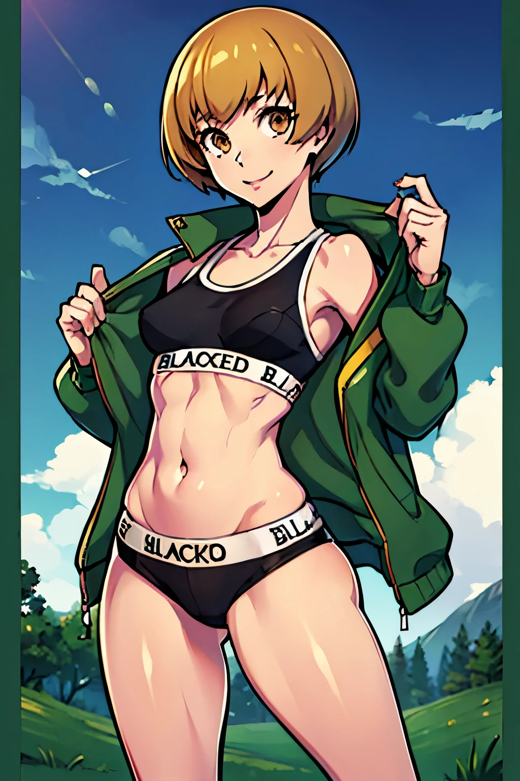 masterpiece, best quality, absurdres, perfect antomy, Satonaka Chie, brown eyes, cowboy shot, standing, green jacket, track jacket, outdoors, smile, open jacket, sports bra, black bra, green shorts, short shorts, athletic shorts