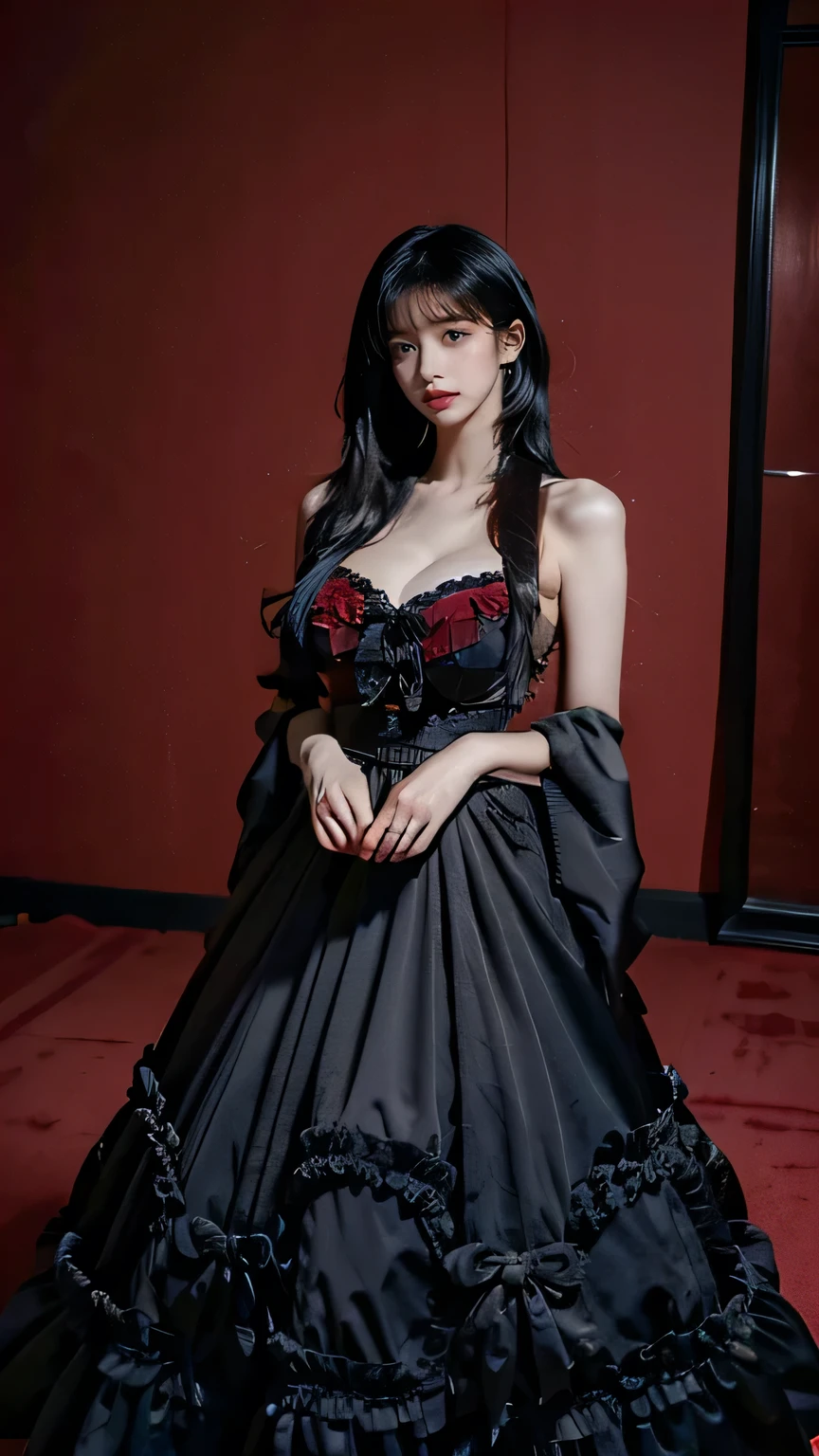 1girl, korean model women, messy hair, plumpy body, perfect body, tall body, (large breast:1.3), flirting pose, indoor, gothic interior background, gothic style attire, stylish, gothic style, gothic hair style, black hair, eye reflection, (gothic style makeup), gothic style jewellery, sleepy, bored, looking the audience, sfw, Fujicolor, masterpiece, ccurate, anatomically correct, textured skin, super detail, 4K
