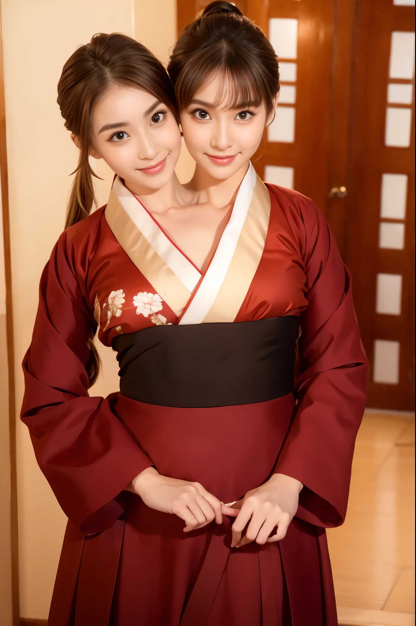 best resolution, 2heads,  korean woman with two heads , brown hair, blonde,  pixie cut and ponytail,  different faces, hanbok, indoor background