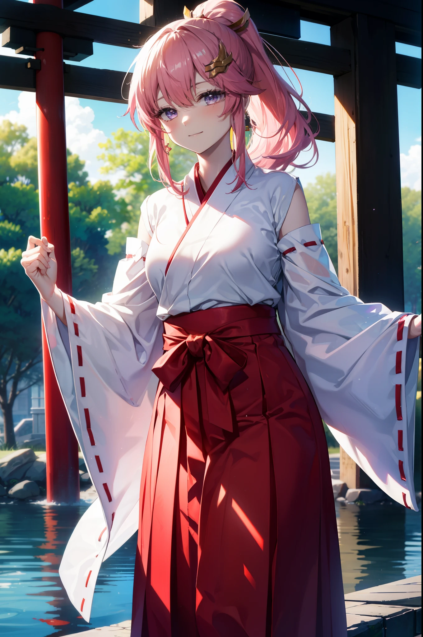 Lacas Klein, Klein Lake, (Purple eyes:1.1), hair ornaments, Long Hair, wave hair ornaments, Pink Hair, smile,Platycodon grandiflorum,Miko, White Kimono,Red Hakama ,White tabi,Sandals,kimono, As with the skirt, Wide sleeves, Long sleeve,Ribbon-trimmed sleeves, Low ponytail, Daytime,Clear skies,
Watching the audience, Are standing,
break looking at viewer, (Cowboy Shot:1.5),
break outdoors,shrine,torii,
break (masterpiece:1.2), highest quality, High resolution, unity 8k wallpaper, (figure:0.8), (Beautiful fine details:1.6), Highly detailed face, Perfect lighting, Highly detailed CG, (Perfect hands, Perfect Anatomy),