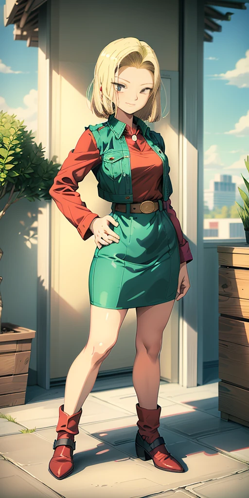 (Full body, view from below, cowboy shot, looking at viewer, masterpiece, best quality, ultra detailed, immaculate:1.2) Android 18 from DBZ, 30 y.o. woman, red eyes, short BLONDE hair, posing for photo, seductive smile, grey jacket, red necktie, green skirt, Sakura tree, building, (pinched eyes) (closed mouth) (hands on hips)