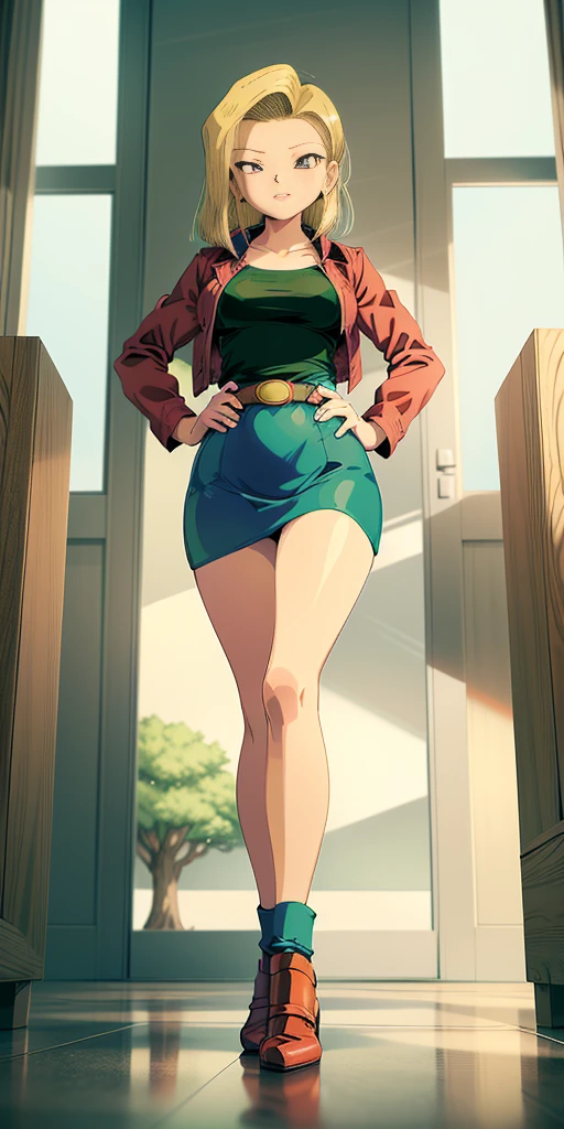 (Full body, view from below, cowboy shot, looking at viewer, masterpiece, best quality, ultra detailed, immaculate:1.2) Android 18 from DBZ, 30 y.o. woman, red eyes, short BLONDE hair, posing for photo, seductive smile, grey jacket, red necktie, green skirt, Sakura tree, building, (pinched eyes) (closed mouth) (hands on hips)