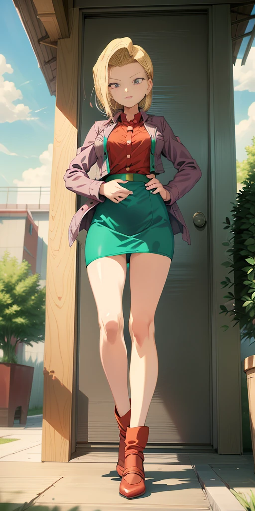 (Full body, view from below, cowboy shot, looking at viewer, masterpiece, best quality, ultra detailed, immaculate:1.2) Android 18 from DBZ, 30 y.o. woman, red eyes, short BLONDE hair, posing for photo, seductive smile, grey jacket, red necktie, green skirt, Sakura tree, building, (pinched eyes) (closed mouth) (hands on hips)