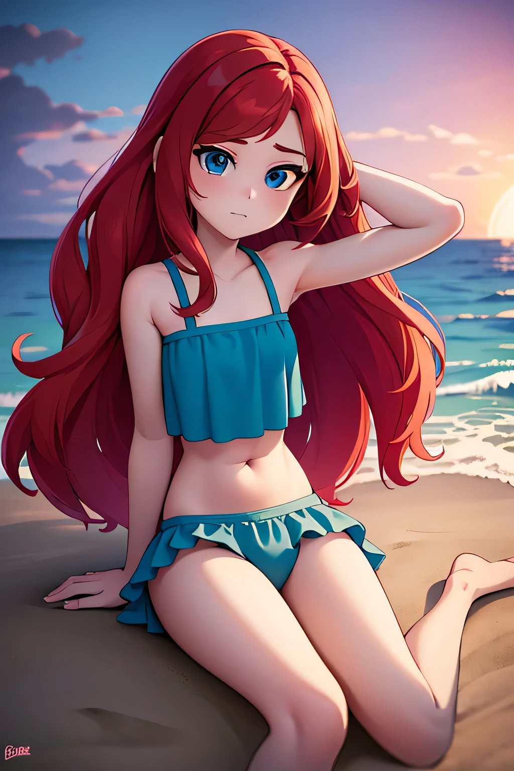 ruby 1 girl, Teenage, Long Red hair, Medium Hair, Blue eyes, bare shoulders, medium breast, aqua ruffle crop top, mermaidtail, mermaid, on the beach, over the sea, beautiful purple sunset at beach Sexy, masterpiece, High quality. 2D illustration, 2D flat, sit down, Masterpiece, 8K, HDR, portrait, 