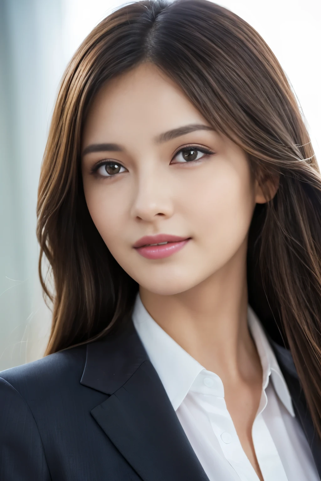 Tabletop, highest quality, Realistic, Very detailed, finely, High resolution, 8k wallpaper, One beautiful woman, Light brown messy hair, Wear a business suit, Facing forward, Sharp focus, Perfect dynamic composition, Beautiful and detailed, Thinning hair, Detailed Realistic skin texture, smile, Close-up portrait, Model Body Type
