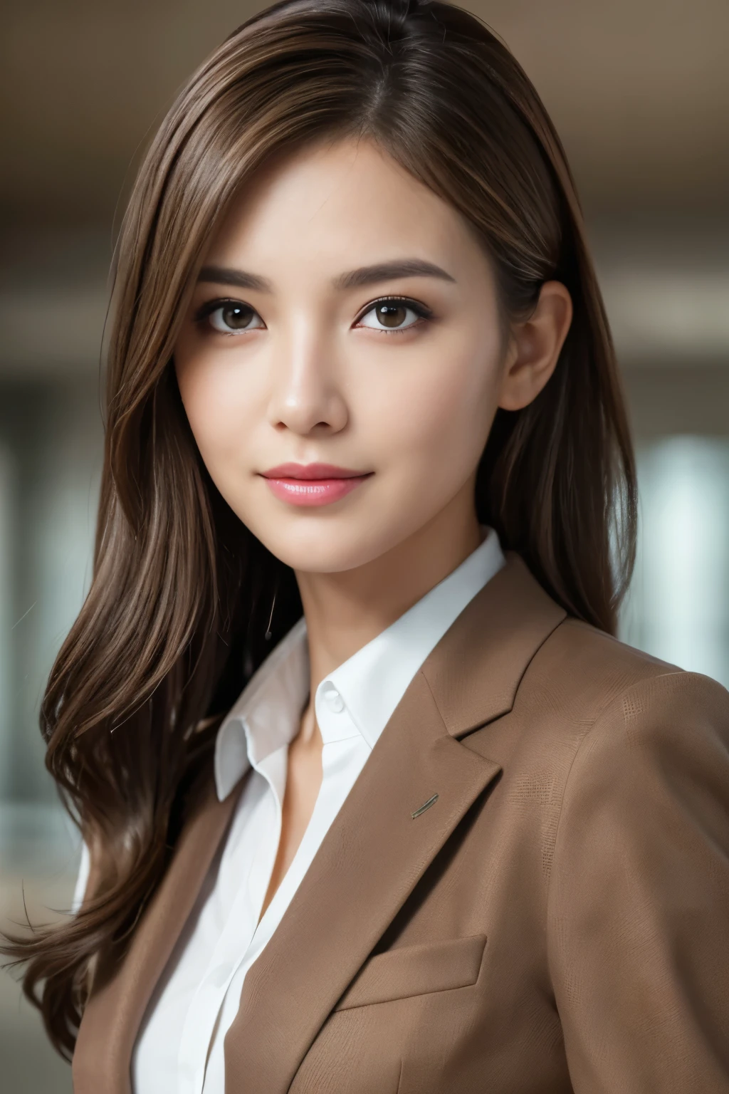 Tabletop, highest quality, Realistic, Very detailed, finely, High resolution, 8k wallpaper, One beautiful woman, Light brown messy hair, Wear a business suit, Facing forward, Sharp focus, Perfect dynamic composition, Beautiful and detailed, Thinning hair, Detailed Realistic skin texture, smile, Close-up portrait, Model Body Type