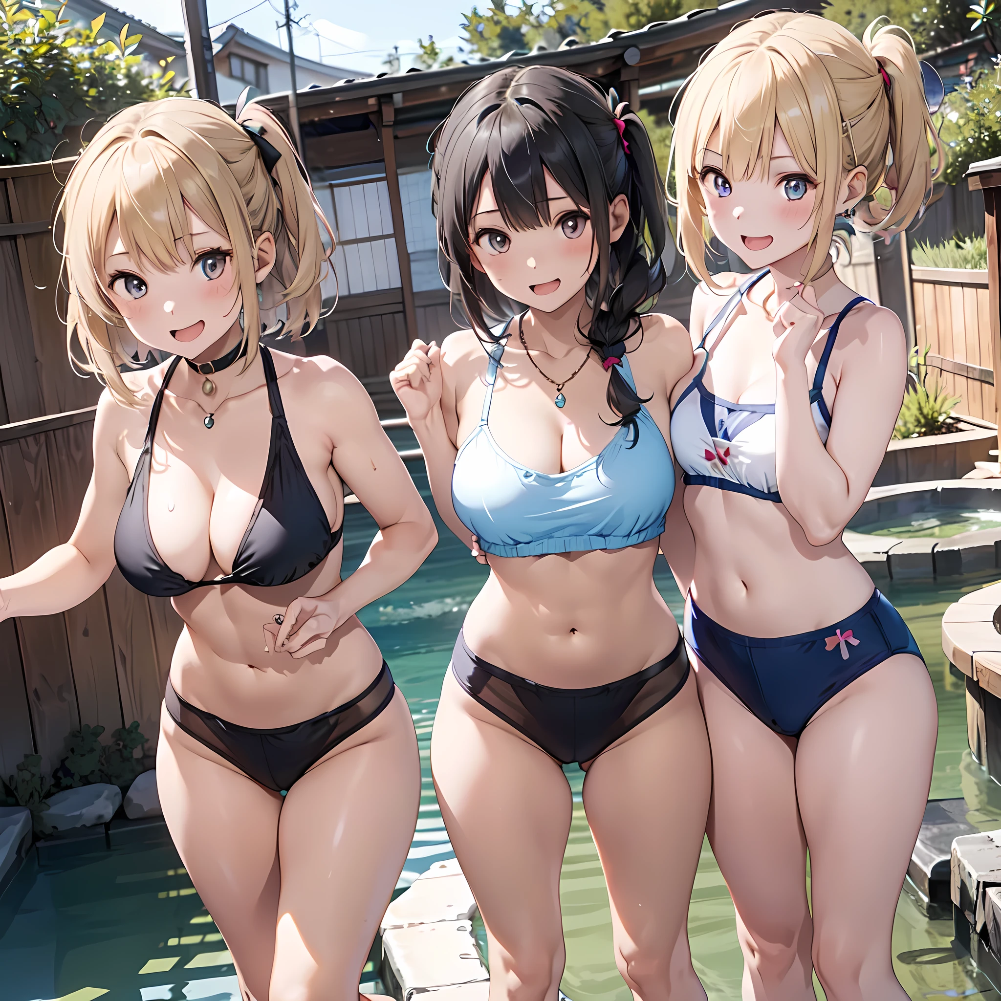 (three girls are sticking out their big butt boldly), (body shot), In a Japanese hot spring, Laughing with your mouth open, (slender), hair band, Headband, hair bobbles, brown hair, blond hair, navel, jewelry, looking at viewer, necklace, long hair, short hair, Abdominal muscles, Thong,