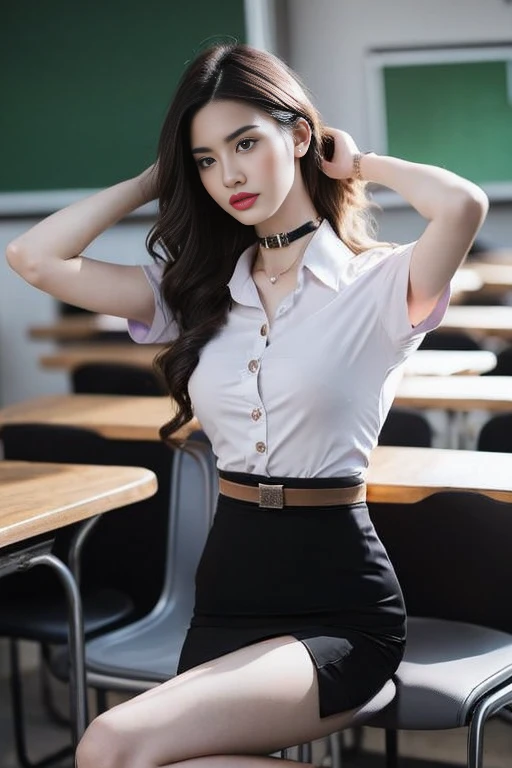 (Masterpiece, best quality, alone, รายละเอียดที่complicated, Chromatic aberration), realistic, ((Moderate breath)), hair in one eye,purple eyes, earring, sharp eyes, choker, (symmetrical eyes),(Perfect symmetrical body),Photo of a beautiful 22 year old girl,(fit the body), Beautiful and charming with contemporary fashion paintings as well....., looking at the audience, ((in the classroom background)), (1 Teen Girl),(black short skirt), (white short sleeve, Form fitting shirt., Unbuttoning the buttons, Revealing a little breast..), ((A short black pencil skirt with a deep slit on the side...)), sugar belt, ((Put your hands down.)),Blue blonde hair, Bob, long hair, Side flatness,(She wore a short-sleeved blue doctor's shirt over her.),Beautifully detailed lips, thin lips,Pinkish red lips,Long eyelashes,sharp eyeliner, Eye shadow blush with thick eyelashes, round chin, Art lens 85mm, Sharp focus, High resolution 8K, Crazy details, complicated, elegant,sitting on the study table Raise one leg higher than the other to eye level.., legs slightly apart., dynamic gesture,