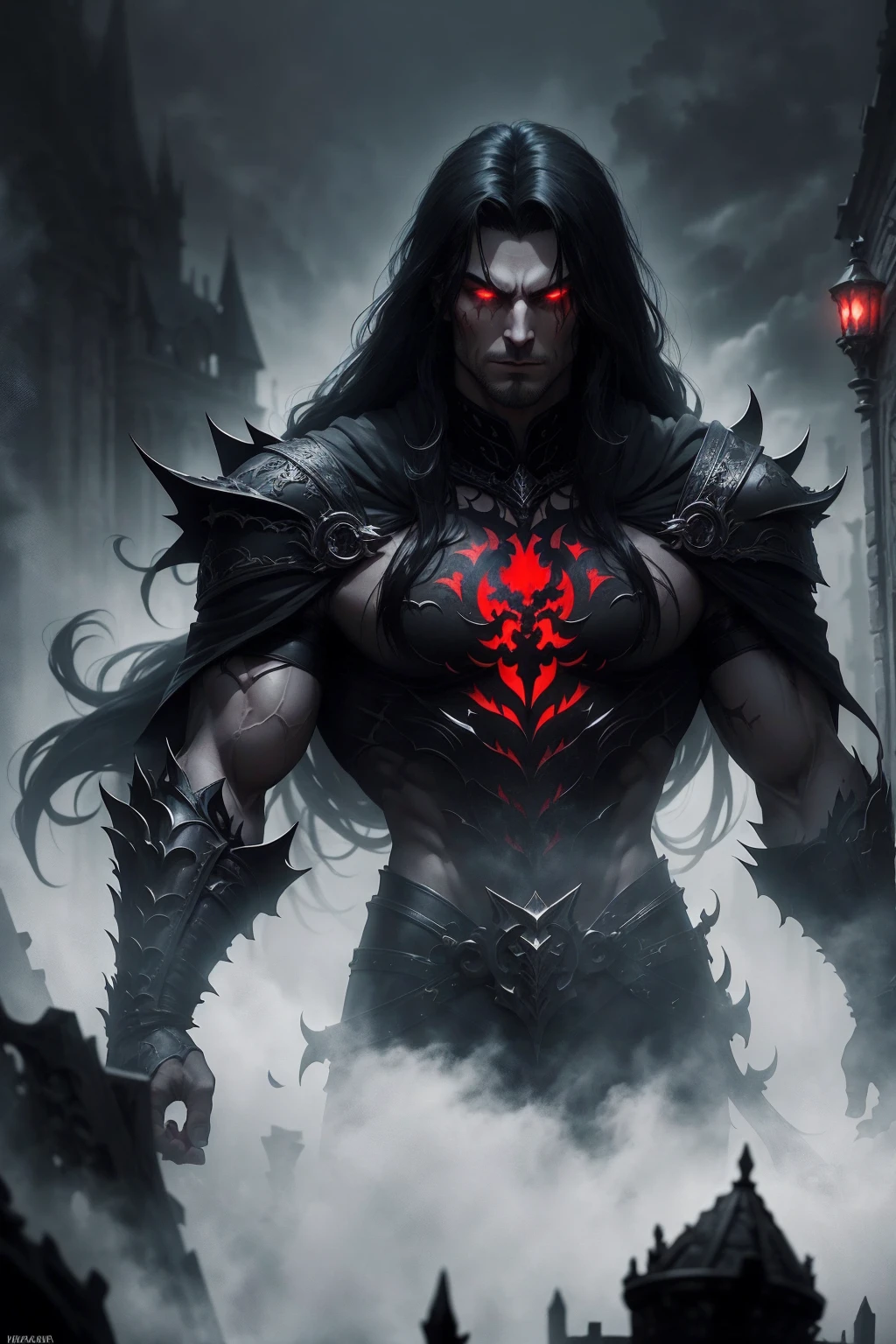 a dark muscular male evil lord, long flowing black hair, black and red cloak, piercing red eyes, menacing expression, powerful aura, standing in a dimly lit chamber,, casting eerie shadows, , adorned with intricate details, with a sinister grin, exuding an aura of darkness, with an intimidating presence, in a gothic castle, with imposing architecture, shrouded in mist, under a blood-red moon, with a storm brewing in the background, creating a foreboding atmosphere, reminiscent of a dark fantasy novel cover, with a dramatic lighting, emphasizing the contrast between light and shadow, evoking a sense of mystery and danger, with a touch of supernatural elements and captivating artistry." no horns