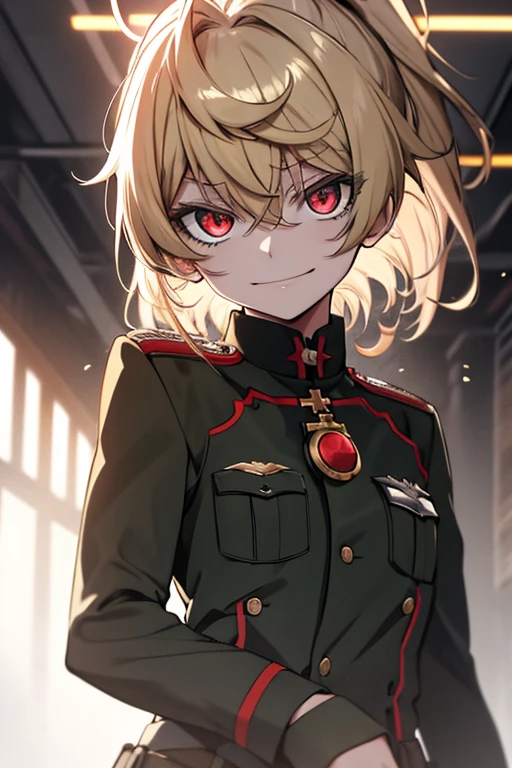 (masterpiece, best quality: 1.1), 1girl solo, tanya, 1girl, solo, , flat chest, small breasts, curvy, military, military uniform, ,, evil smile, wicked expression, anger, red eyes, neutral lighting