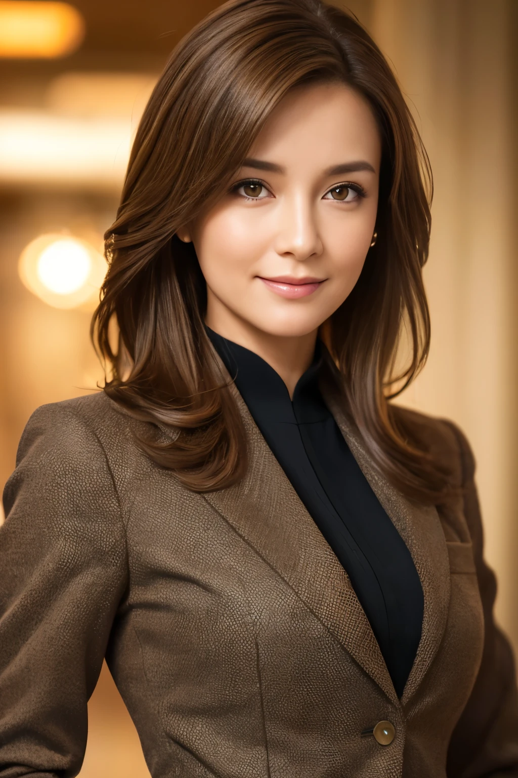 Tabletop, highest quality, Realistic, Very detailed, finely, High resolution, 8k wallpaper, One beautiful woman, Light Brown Hair, Wear a business suit, Facing forward, Sharp focus, Perfect dynamic composition, Beautiful and detailed, Thinning hair, Detailed Realistic skin texture, smile, Close-up portrait, Model Body Type
