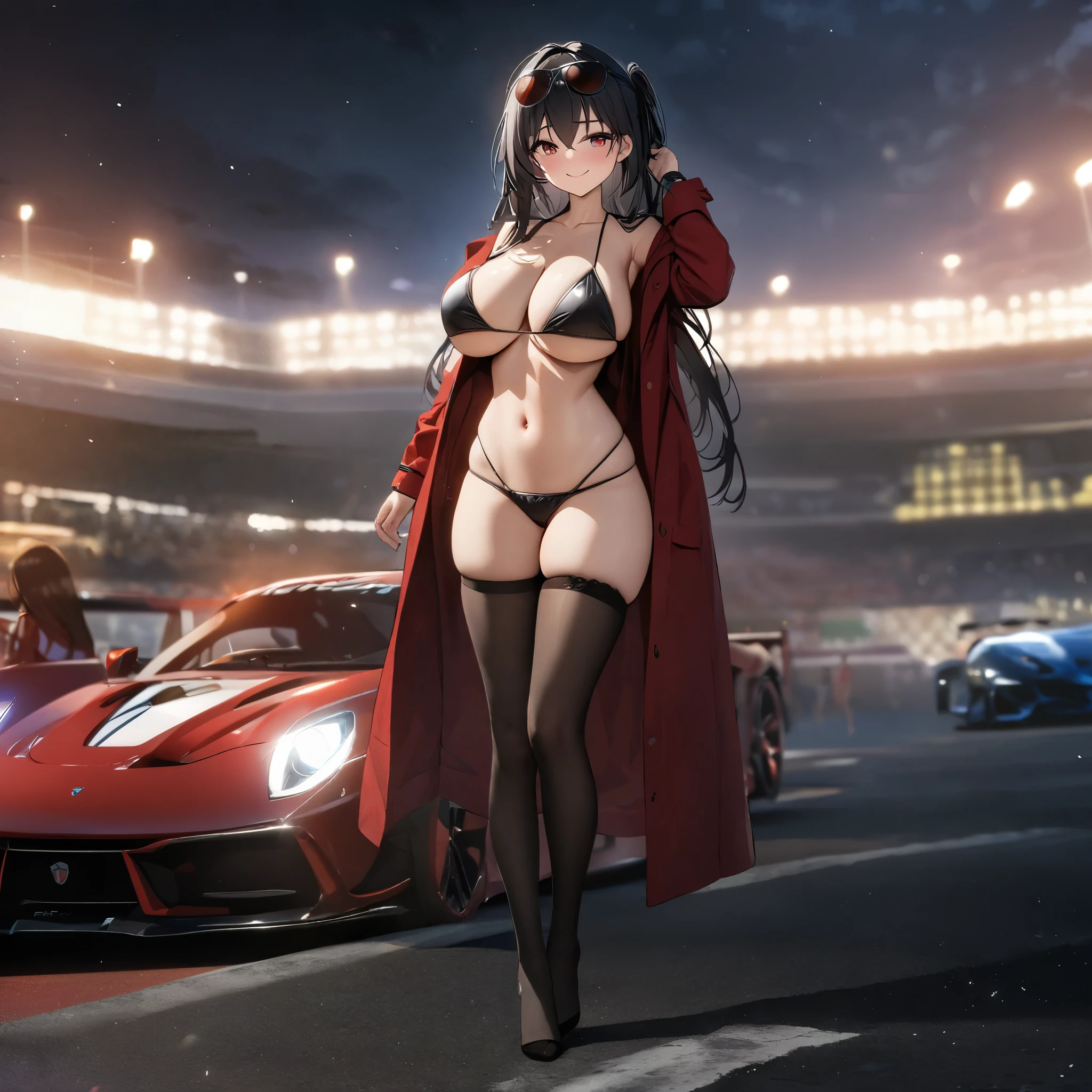 a woman wearing a long open red coat, wearing a black bikini, big breast, sunglasses on her head, smiling, long black stockings, long black hair, red eyes, full body, in a traditional racetrack next to a red racing car, holding a racing flag, perfect racing car with no bad detail, car next to the woman, night location, with lighting in place,(woman solo), HDR, ultra resolution, sharp, masterpiece, 8K HD