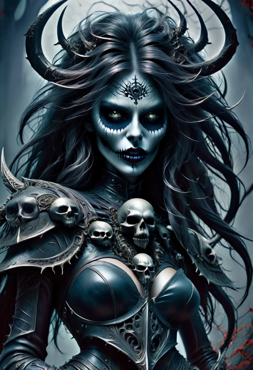 Perfect impure sexy horrific seductive terrific dead girl, skeleton face, beautiful detailed curved lips, dark skull makeup, long detailed messy hair,