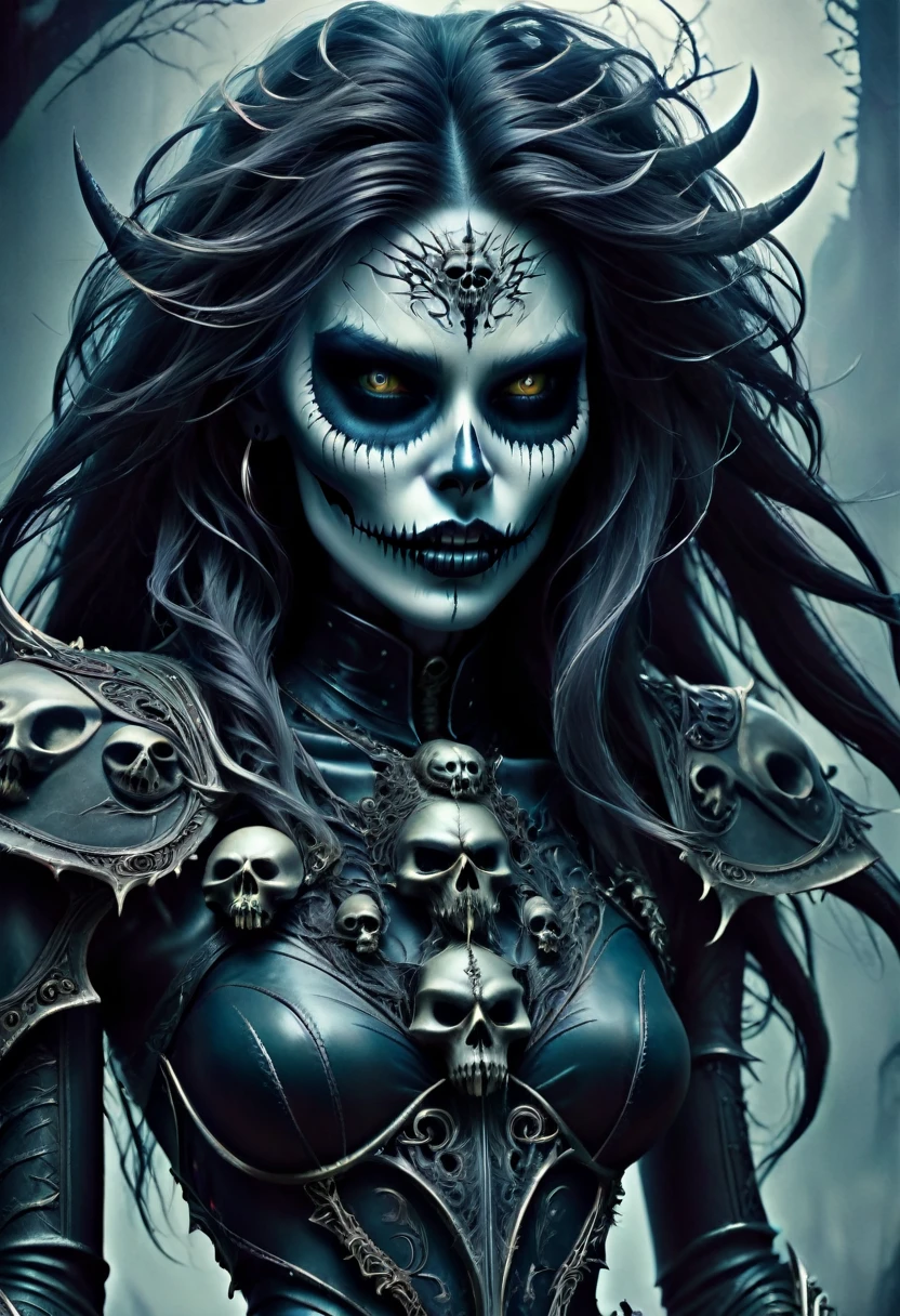 Perfect impure sexy horrific seductive terrific dead girl, skeleton face, beautiful detailed curved lips, dark skull makeup, long detailed messy hair,