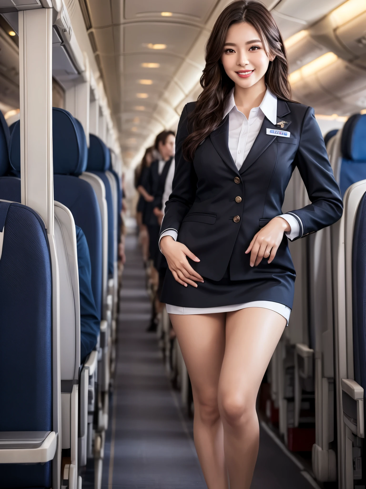 1 woman, 23 years、hyperdetailed face、Detailed lips、A detailed eye、double eyelid、(Black bob hair、Smiling while walking gracefully down the aisle)、(Stewardess uniform:1.2)、(Glamorous body)、(Colossal tits)、thighs thighs thighs thighs, Perfect fit, Perfect image realism, Background with: (Business Class aisle on airplanes:1.2), Cowboy Shot, Meticulous background, detailed costume, Perfect litthing、Hyper-Realism、(Photorealsitic:1.4)、8K maximum resolution, (​masterpiece), highly detailed, Professional