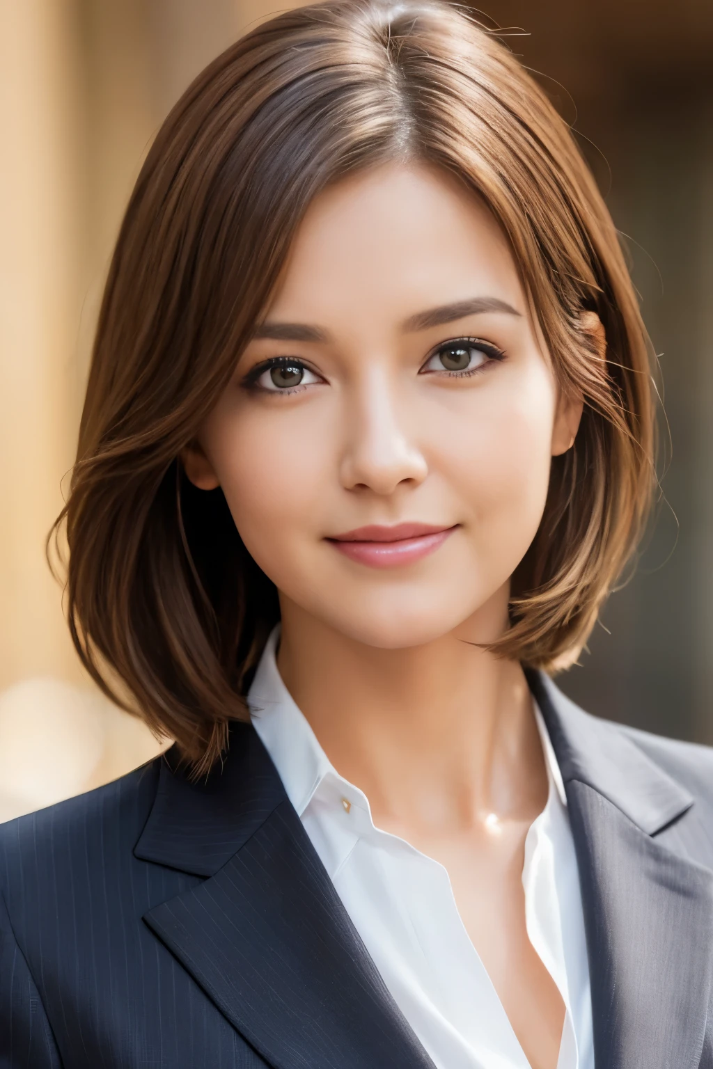 Tabletop, highest quality, Realistic, Very detailed, finely, High resolution, 8k wallpaper, One beautiful woman, Light Brown Hair, Wear a business suit, Facing forward, Sharp focus, Perfect dynamic composition, Beautiful and detailed, Thinning hair, Detailed Realistic skin texture, smile, Close-up portrait, Model Body Type
