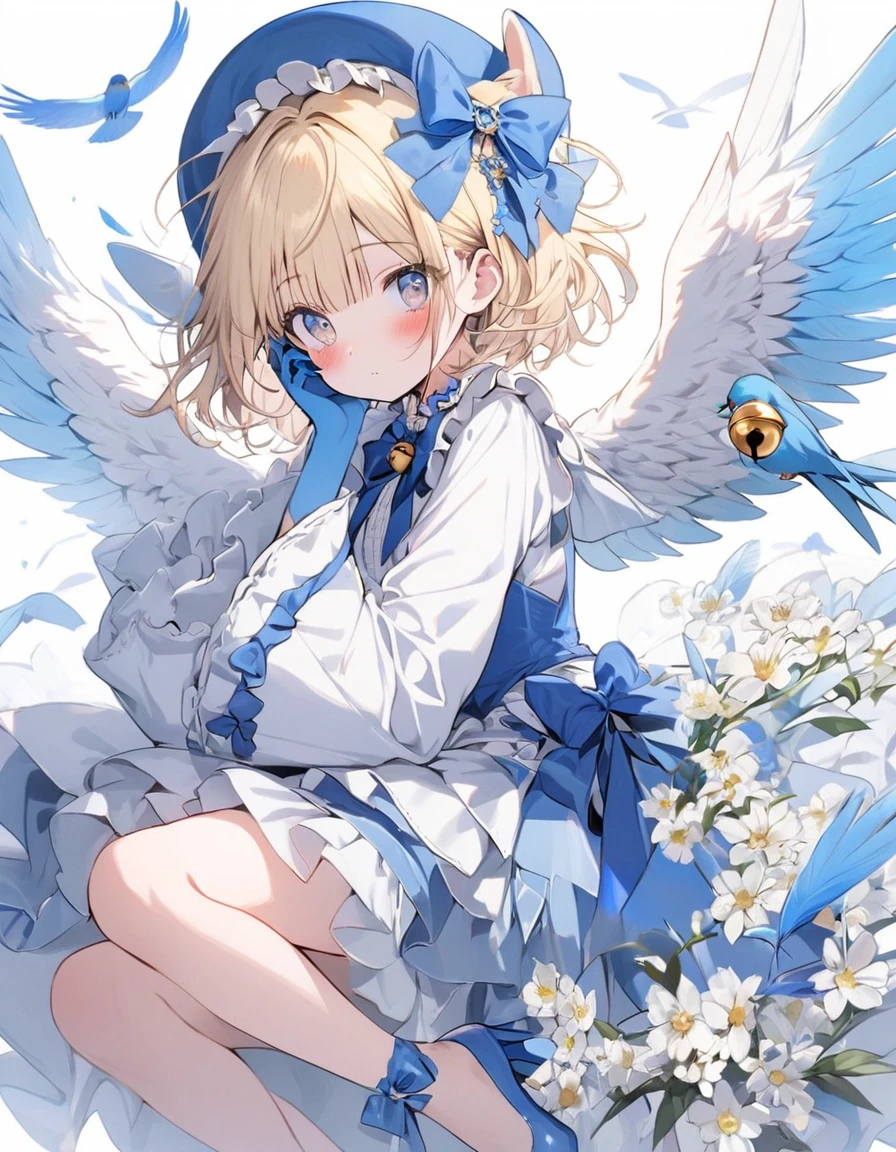 One girl, Blonde, White Background, Have, dress, Blue footwear, wing, Simple Background, sign, flower, Manicure, Wide sleeves, Long sleeve, blush, animal, white flower, alone, whole body, bird, View your viewers, High heels, Put your hand on your cheek, put your hand on your face, Frills, bow, bangs, ribbon, Bell, Blue hat, +_+, shoes下, short hair, Grey Eyes, shoes, Blue Claws, feathered wing, blue bow