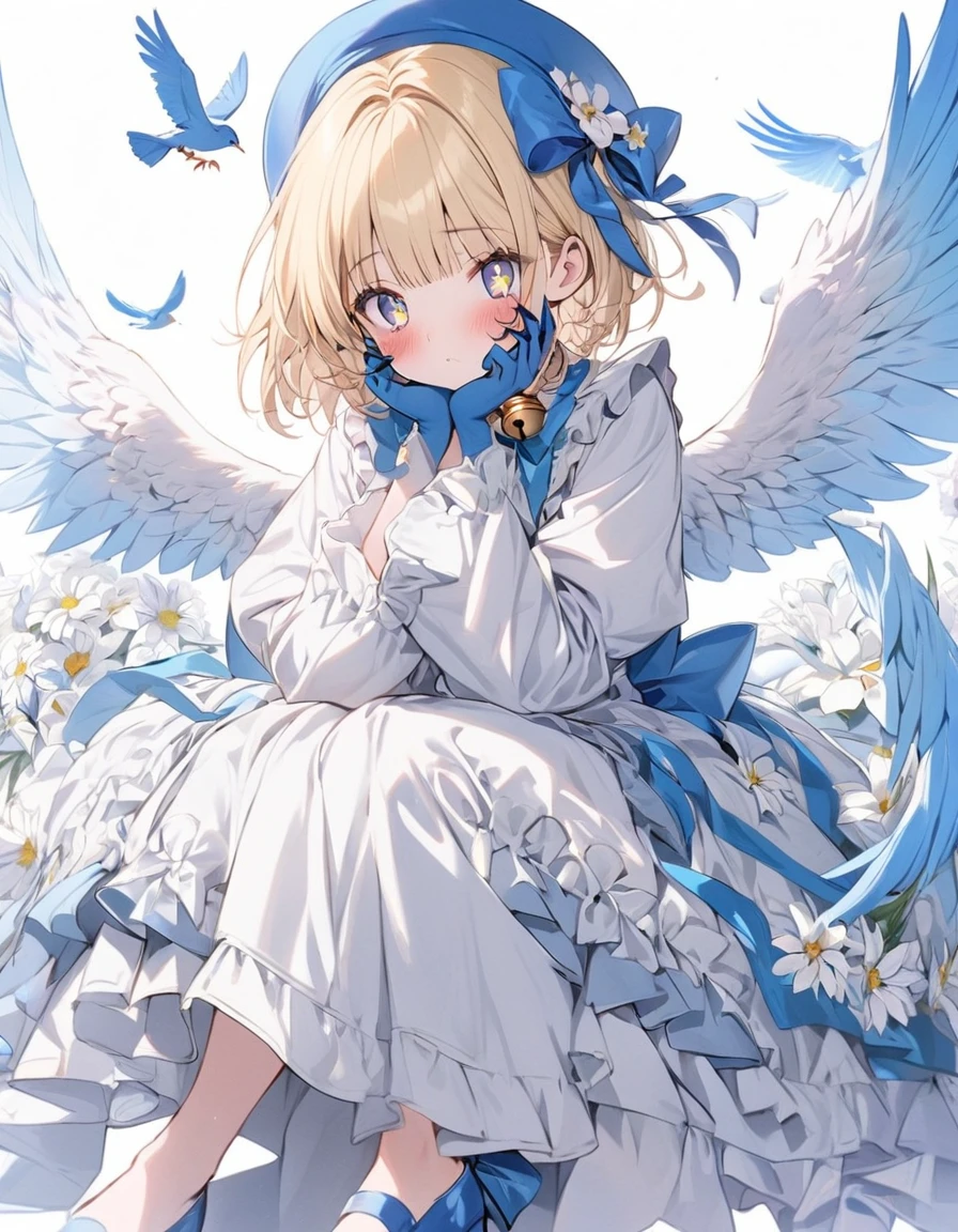One girl, Blonde, White Background, Have, dress, Blue footwear, wing, Simple Background, sign, flower, Manicure, Wide sleeves, Long sleeve, blush, animal, white flower, alone, whole body, bird, View your viewers, High heels, Put your hand on your cheek, put your hand on your face, Frills, bow, bangs, ribbon, Bell, Blue hat, +_+, shoes下, short hair, Grey Eyes, shoes, Blue Claws, feathered wing, blue bow