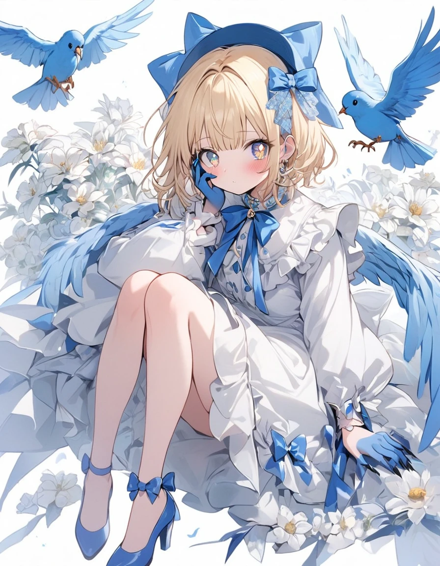 uekura, 1girl, blonde hair, white background, hat, dress, blue footwear, wings, simple background, signature, flower, nail polish, wide sleeves, long sleeves, blush, animal, white flower, solo, full body, bird, looking at viewer, high heels, hand on own cheek, hand on own face, frills, bow, bangs, ribbon, bell, blue headwear, +_+, socks, short hair, grey eyes, shoes, blue nails, feathered wings, blue bow