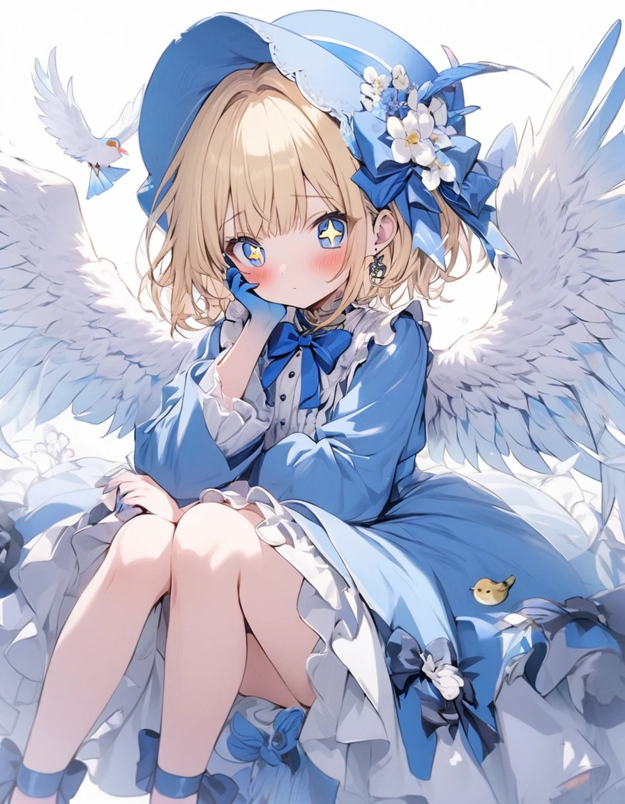 One girl, Blonde, White Background, Have, dress, Blue footwear, wing, Simple Background, sign, flower, Manicure, Wide sleeves, Long sleeve, blush, animal, white flower, alone, whole body, bird, View your viewers, High heels, Put your hand on your cheek, put your hand on your face, Frills, bow, bangs, ribbon, Bell, Blue hat, +_+, shoes下, short hair, Grey Eyes, shoes, Blue Claws, feathered wing, blue bow
